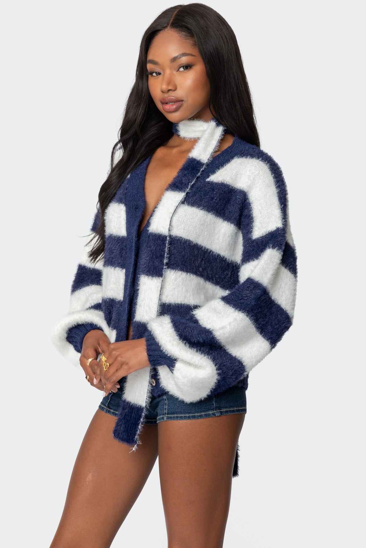 Striped Two Piece Knit Scarf Cardigan-Milans Time
