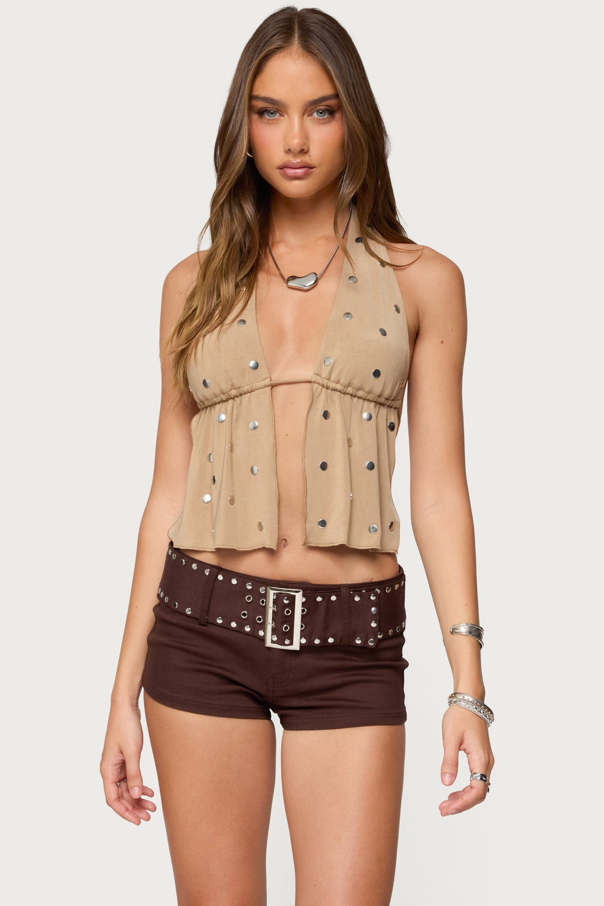 Studded Backless Split Front Top-Milans Time