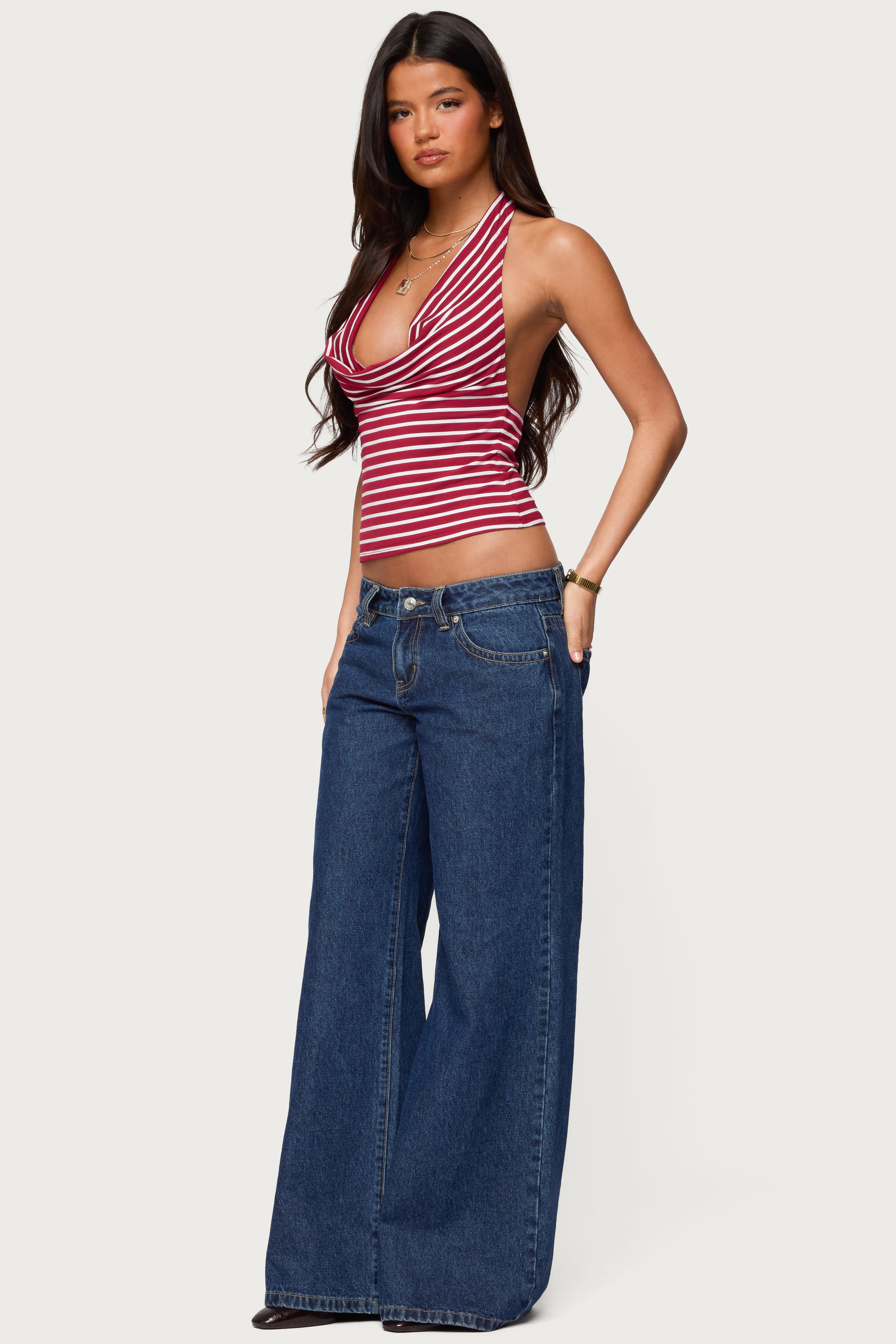 Striped Cowl Neck Halter Top-Milans Time