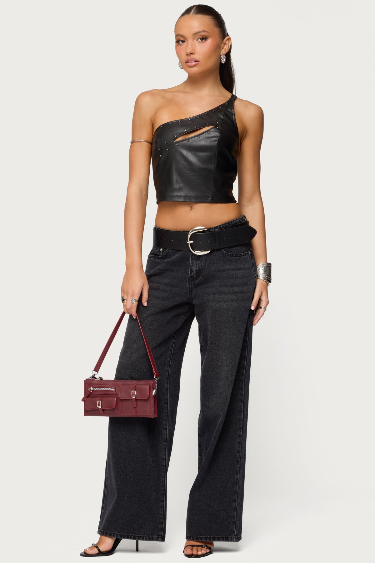 Asymmetric Cutout Faux Leather Top-Milans Time