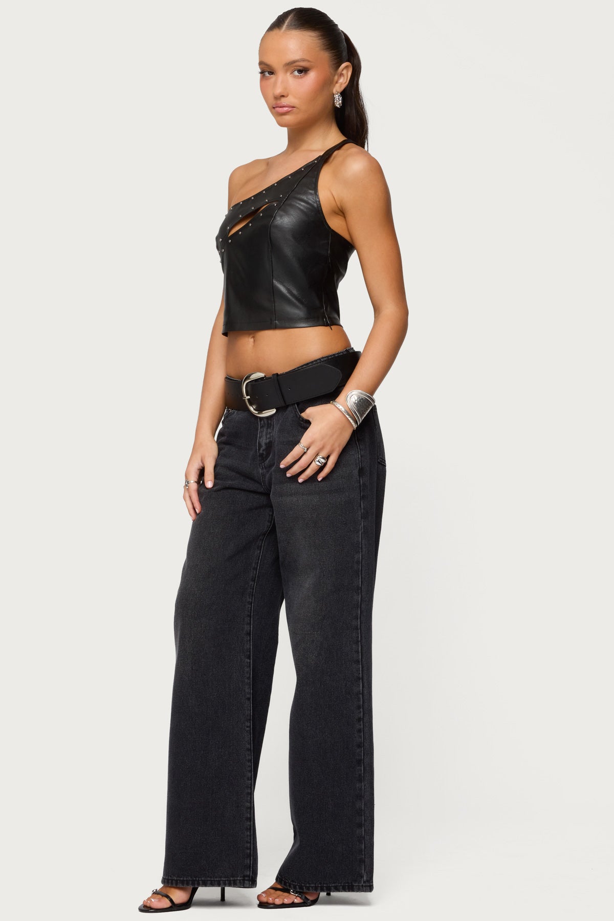 Asymmetric Cutout Faux Leather Top-Milans Time