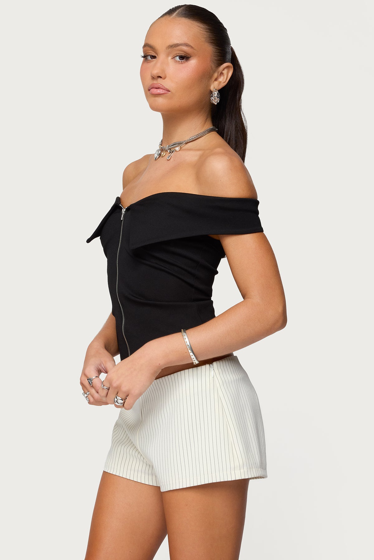 Collared Off Shoulder Zip Up Top-Milans Time