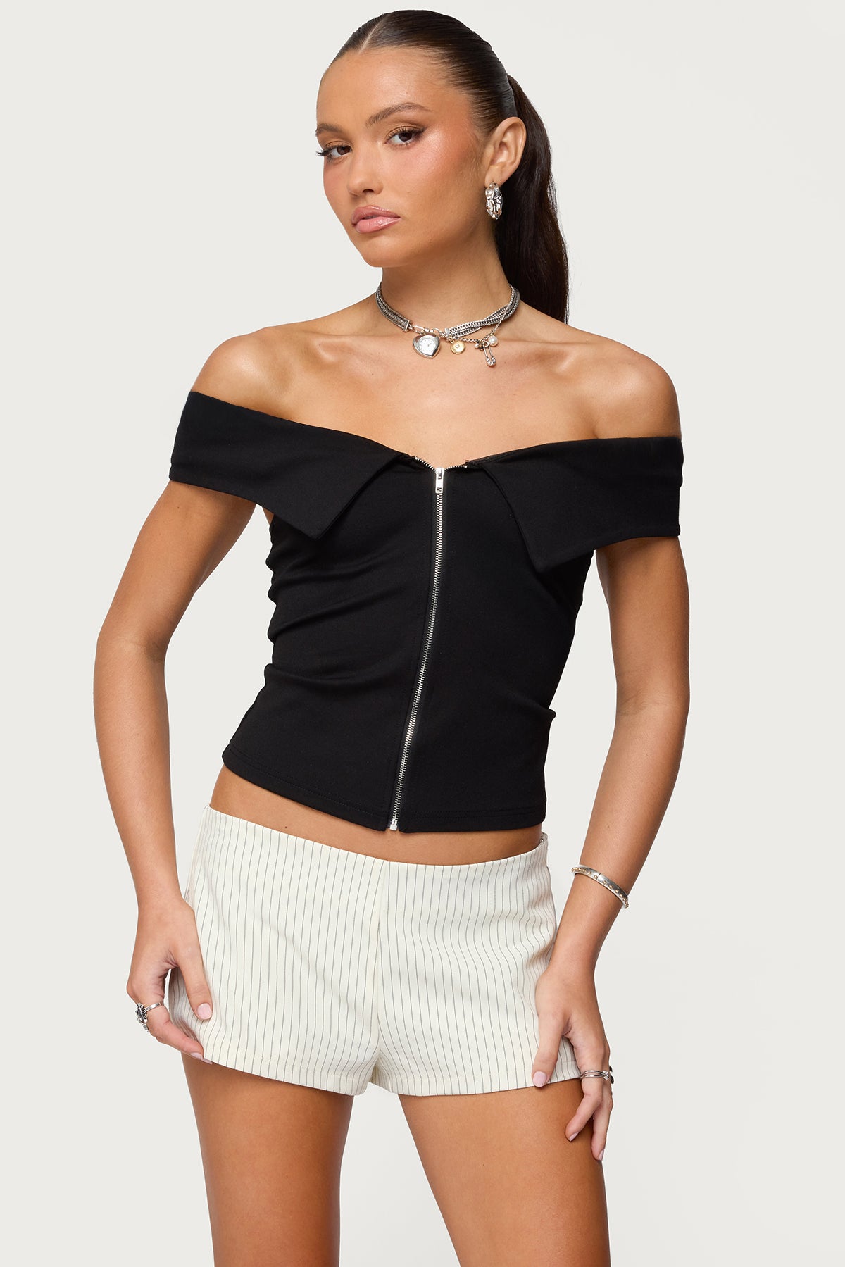 Collared Off Shoulder Zip Up Top-Milans Time