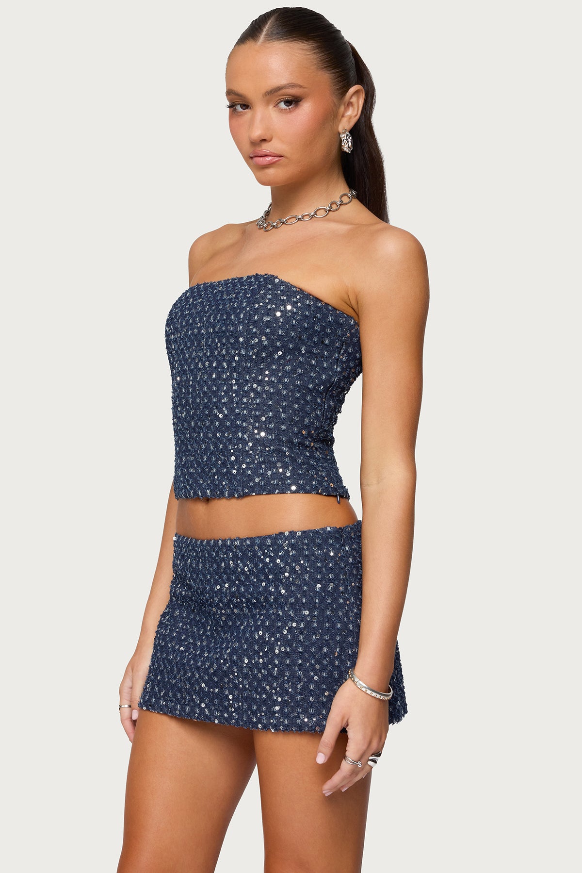 Sora Sequin Distressed Denim Corset-Milans Time
