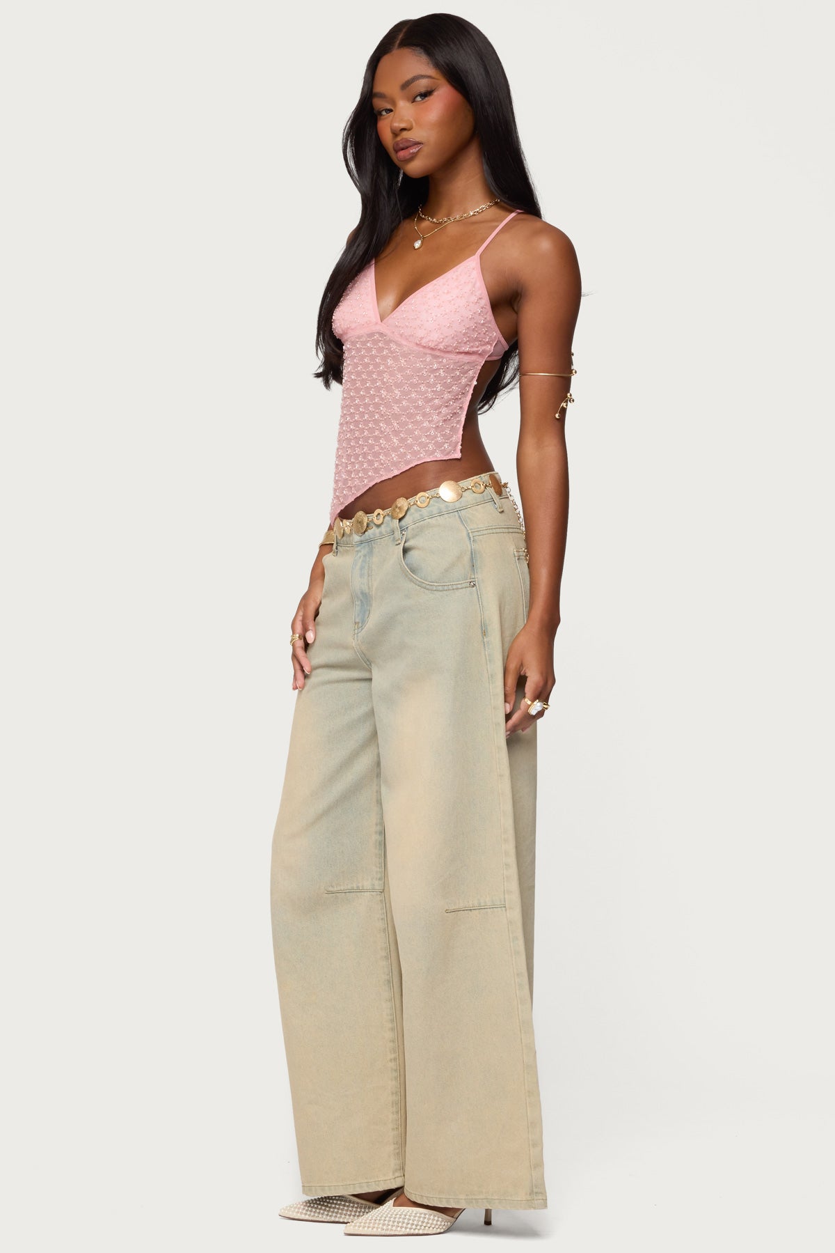 Beaded Mesh Asymmetric Backless Top-Milans Time