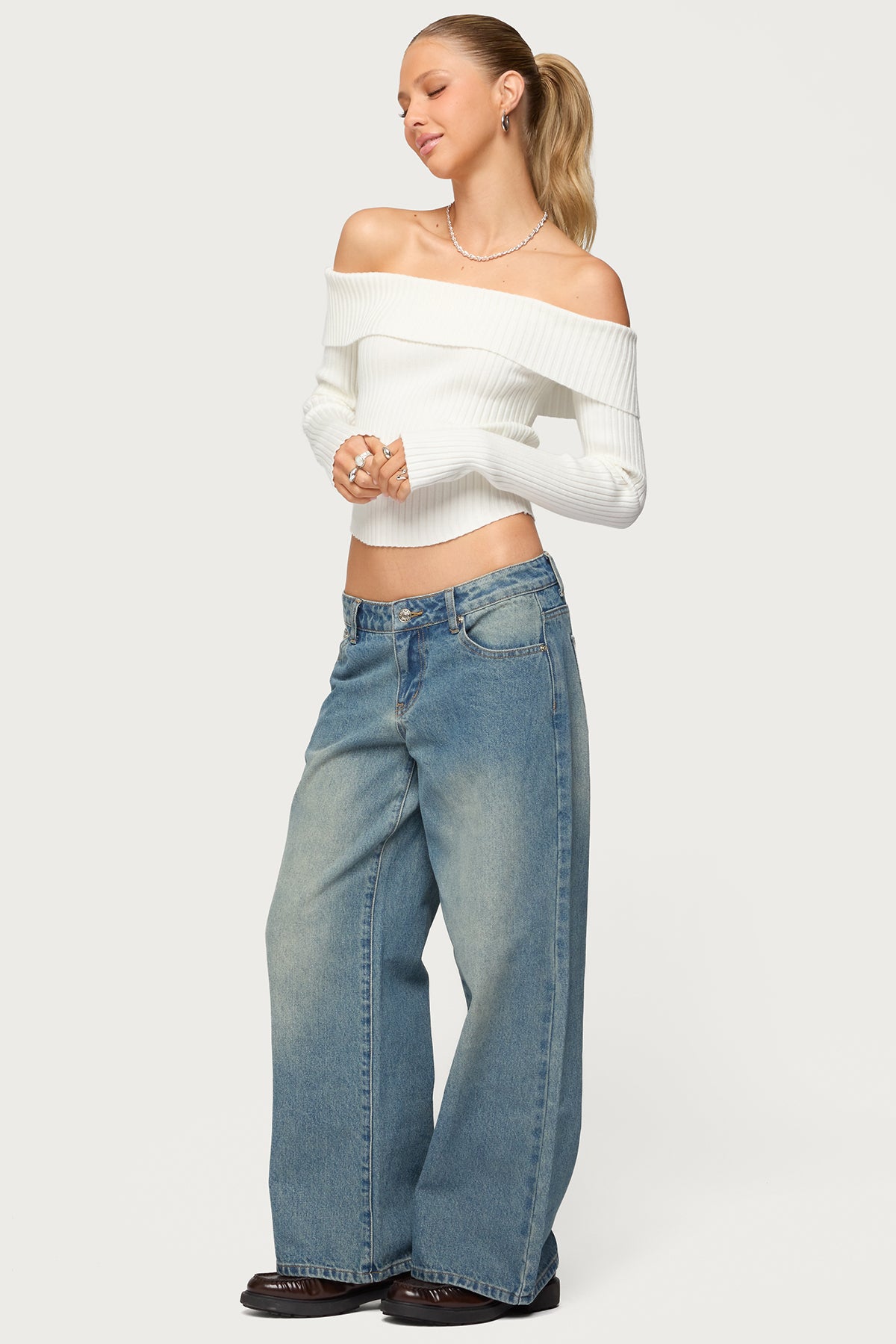 Petite Magda Acid Wash Low Rise Baggy Jeans-Milans Time
