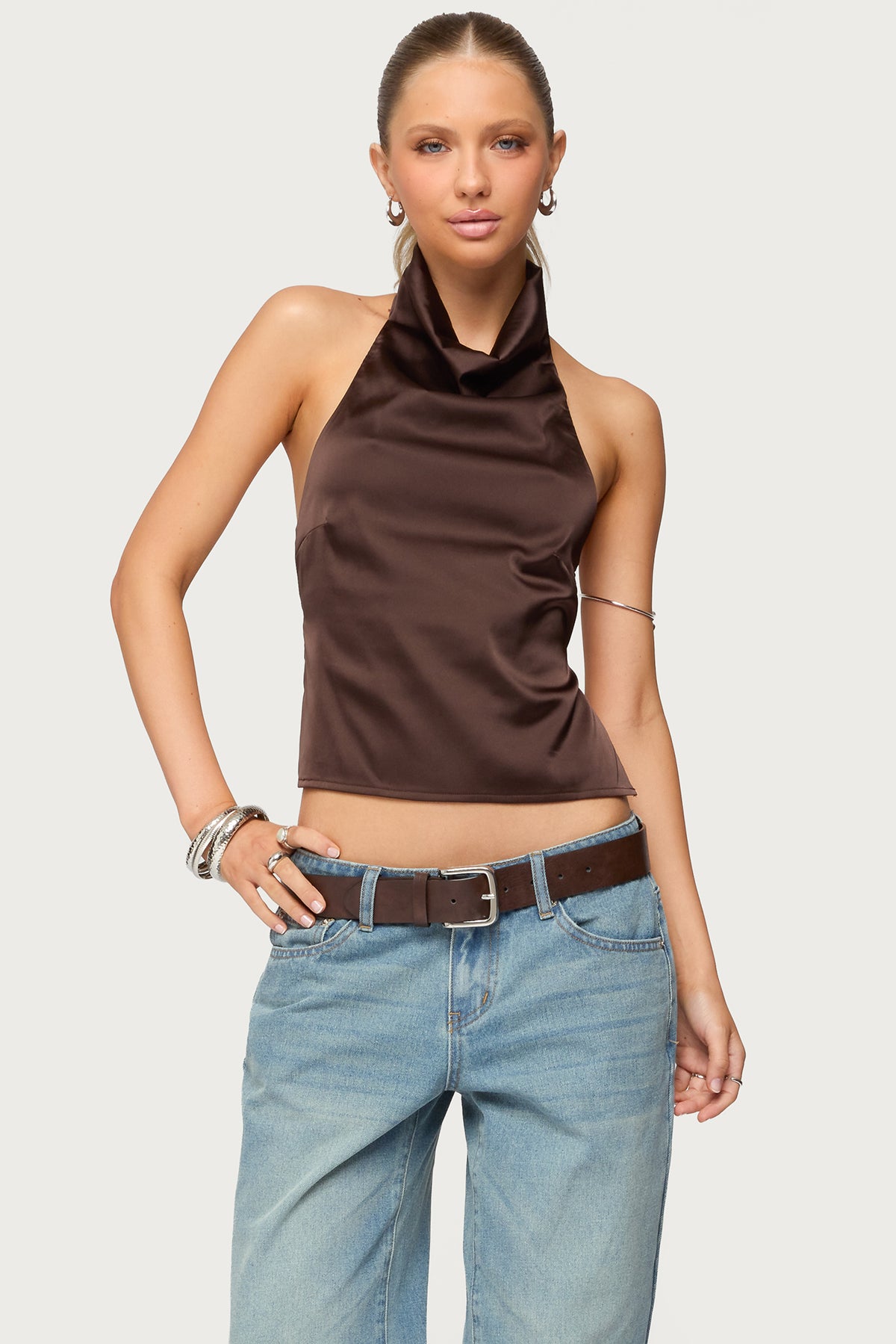 Satin Effect Backless Cowl Neck Top-Milans Time