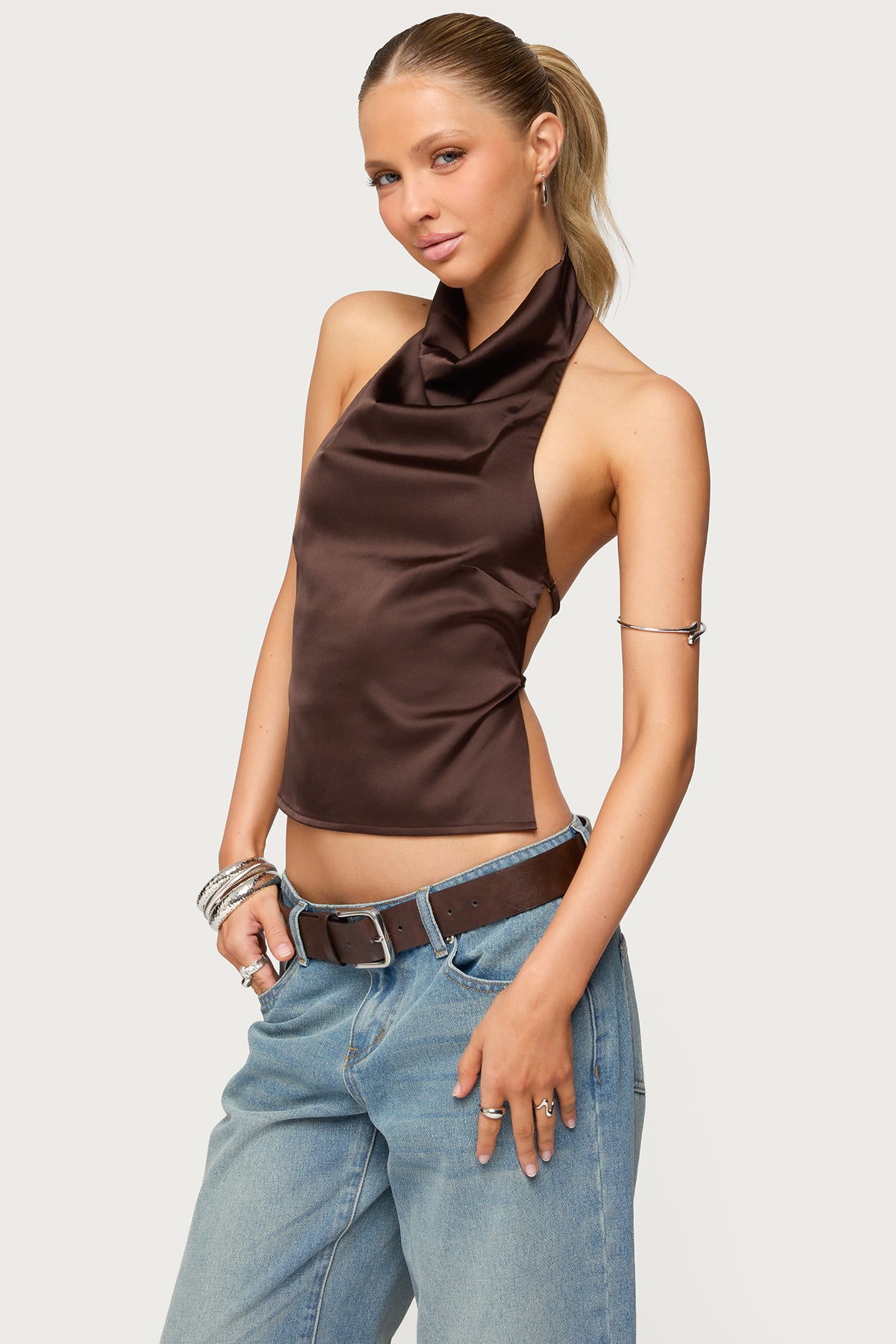 Satin Effect Backless Cowl Neck Top-Milans Time