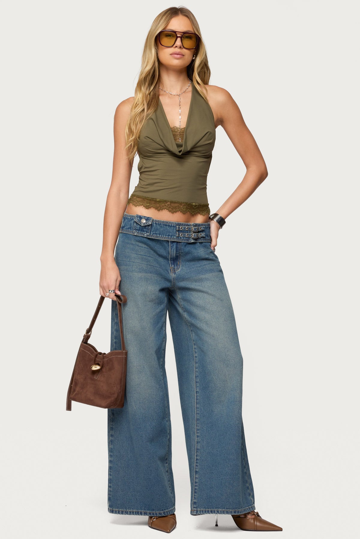 Double Buckle Low Rise Baggy Jeans-Milans Time