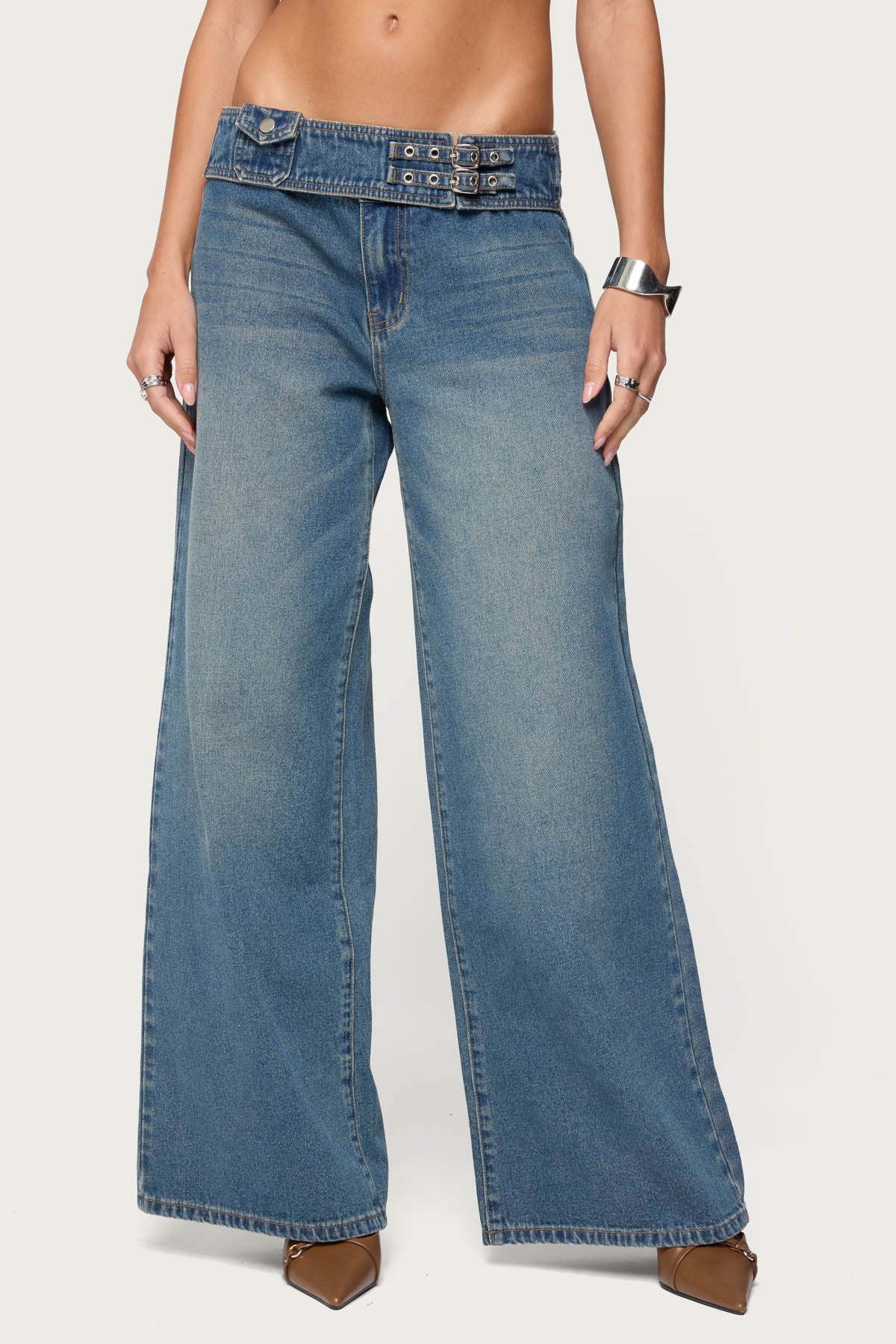 Double Buckle Low Rise Baggy Jeans-Milans Time
