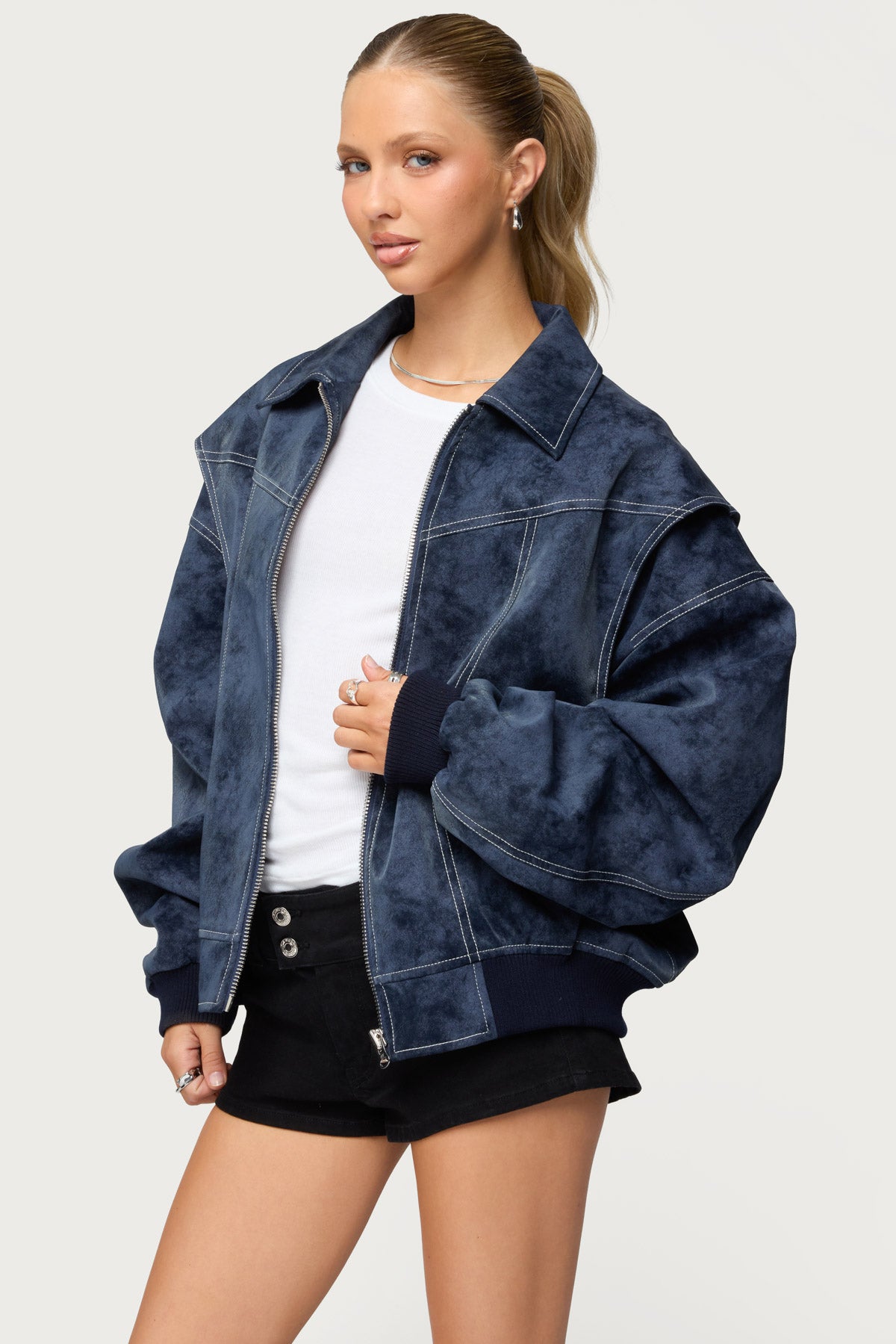 Ownley Oversized Faux Leather Bomber Jacket-Milans Time