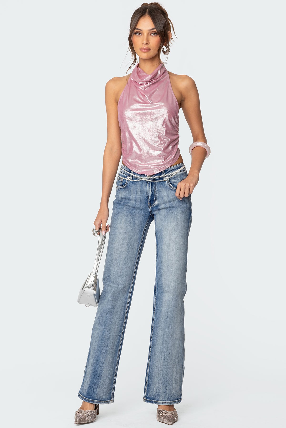 Shiny Backless Cowl Neck Top-Milans Time