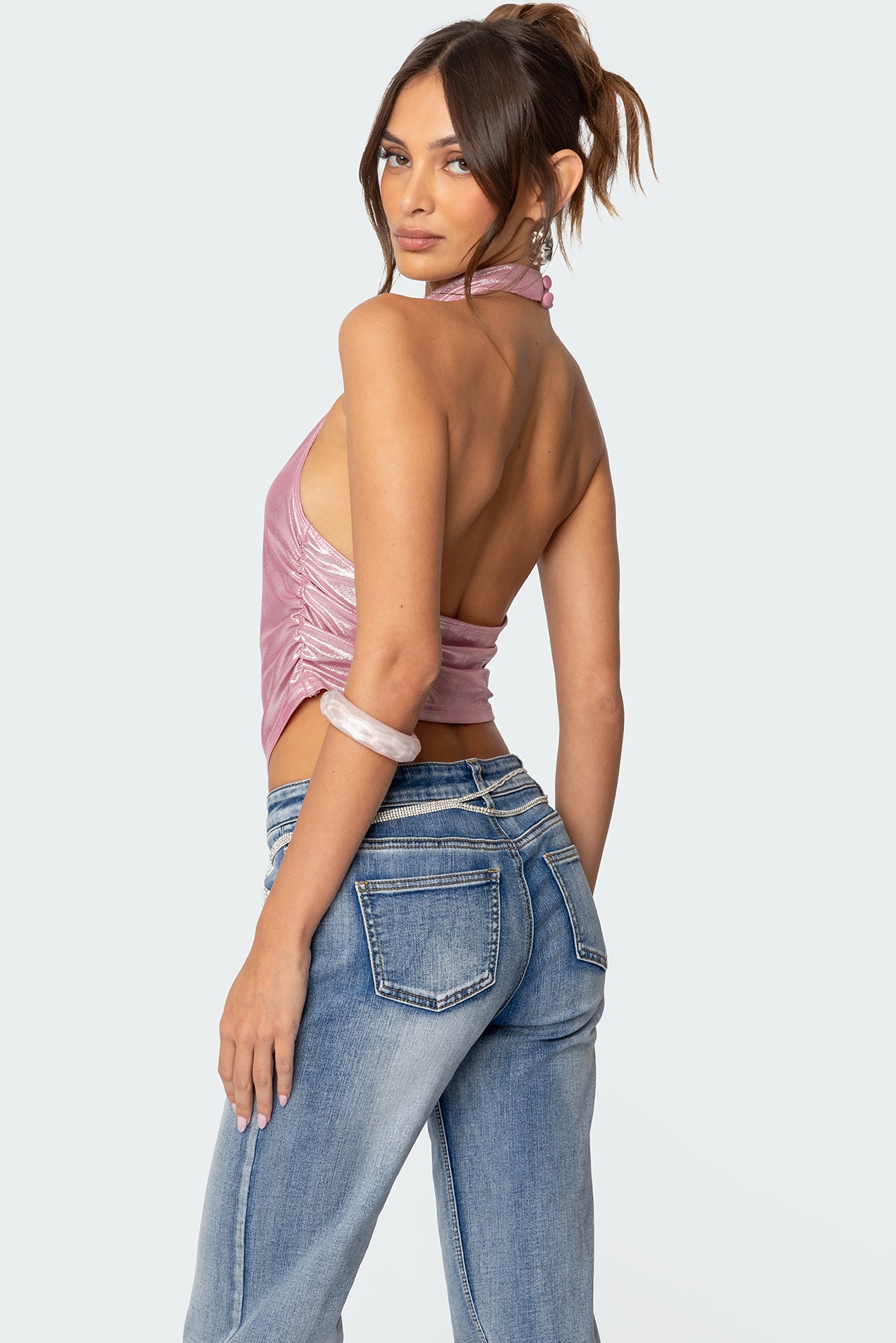 Shiny Backless Cowl Neck Top-Milans Time