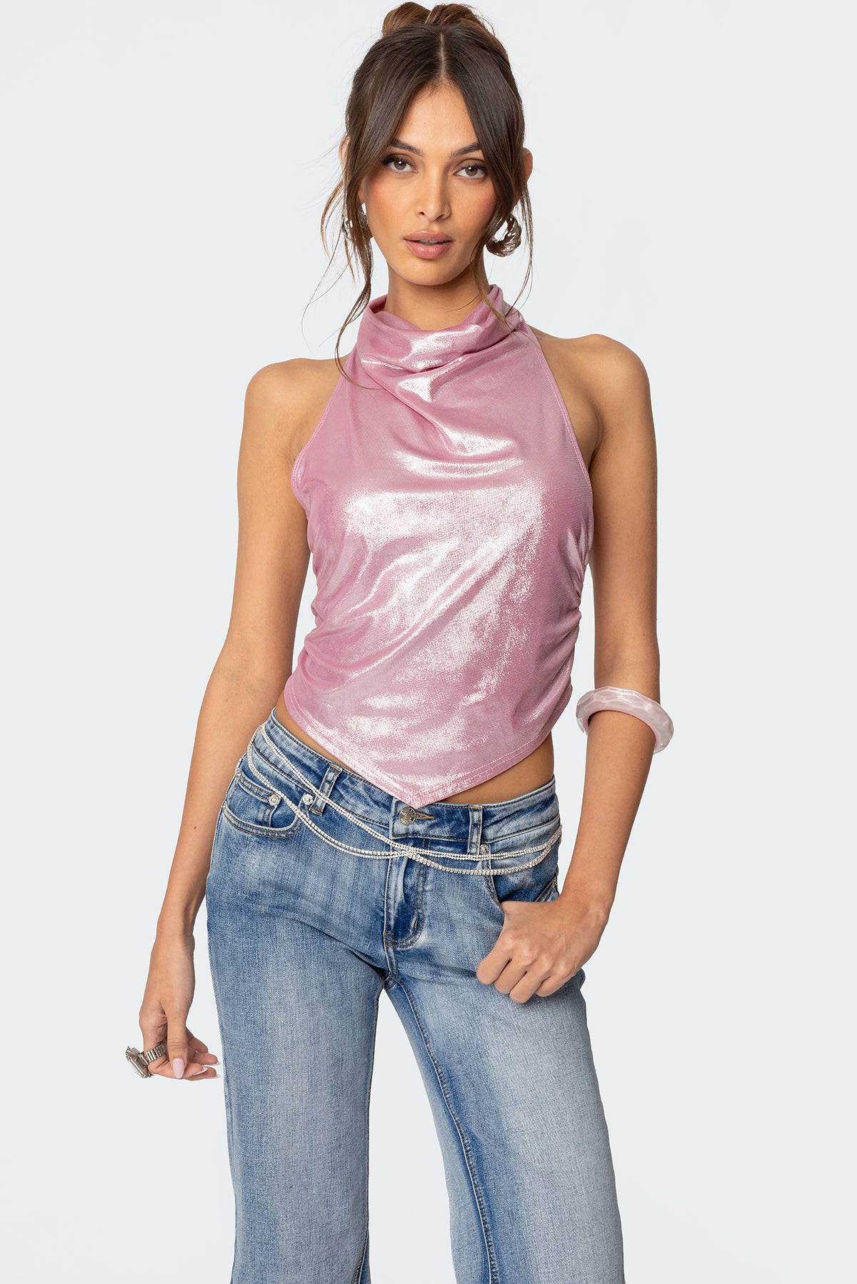 Shiny Backless Cowl Neck Top-Milans Time