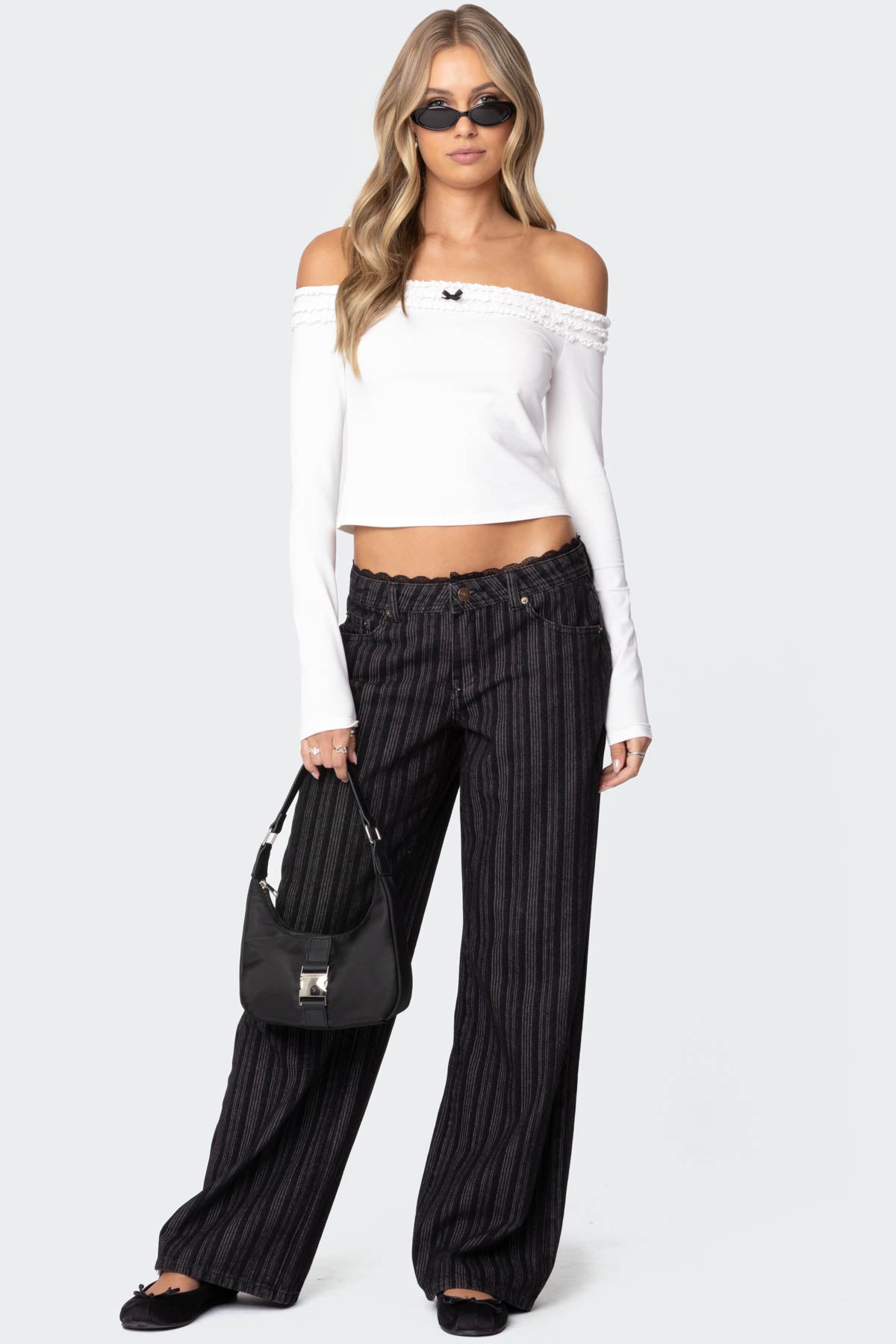 Lace Trim Striped Low Rise Baggy Jeans-Milans Time