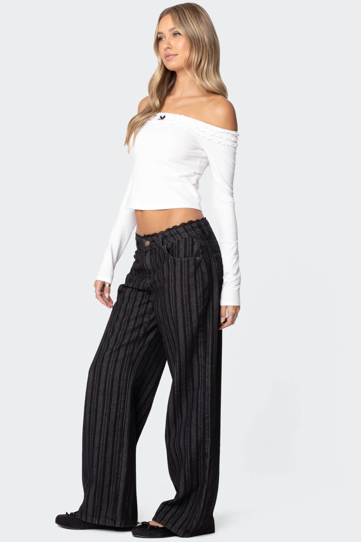 Lace Trim Striped Low Rise Baggy Jeans-Milans Time