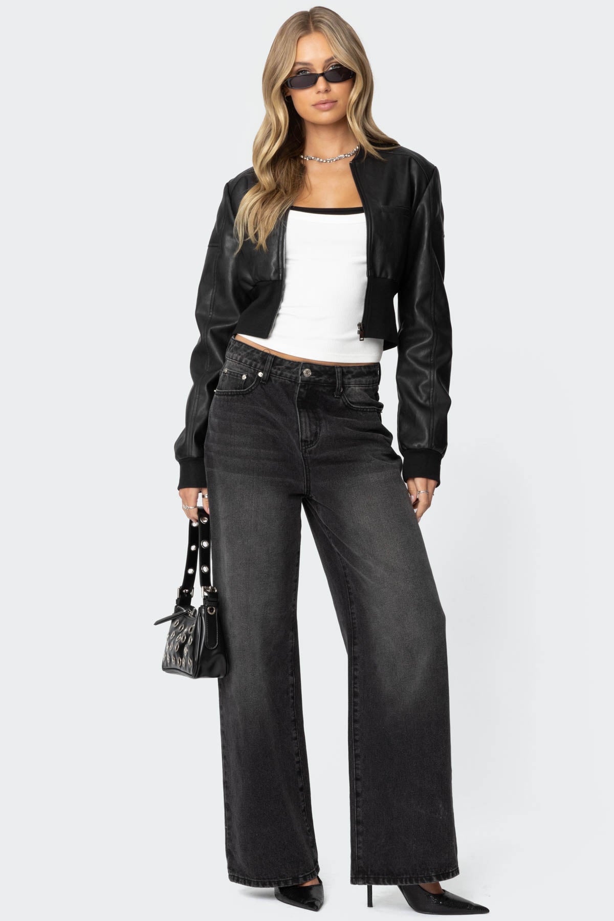 Cropped Faux Leather Bomber Jacket-Milans Time