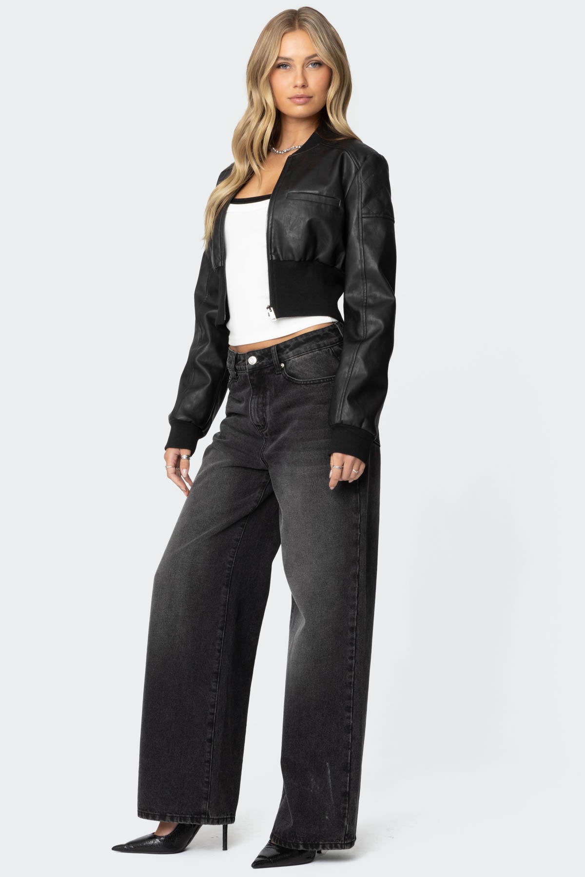 Cropped Faux Leather Bomber Jacket-Milans Time