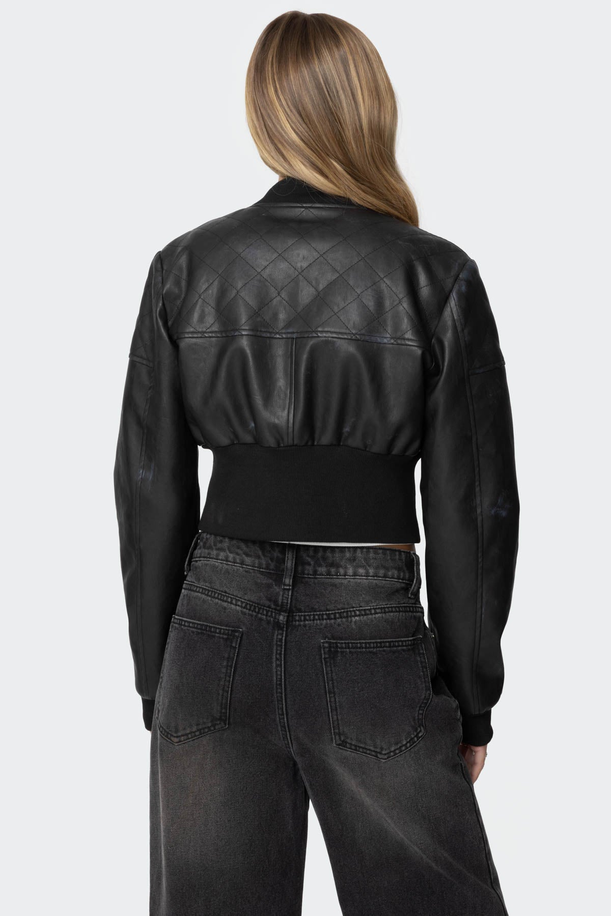 Cropped Faux Leather Bomber Jacket-Milans Time