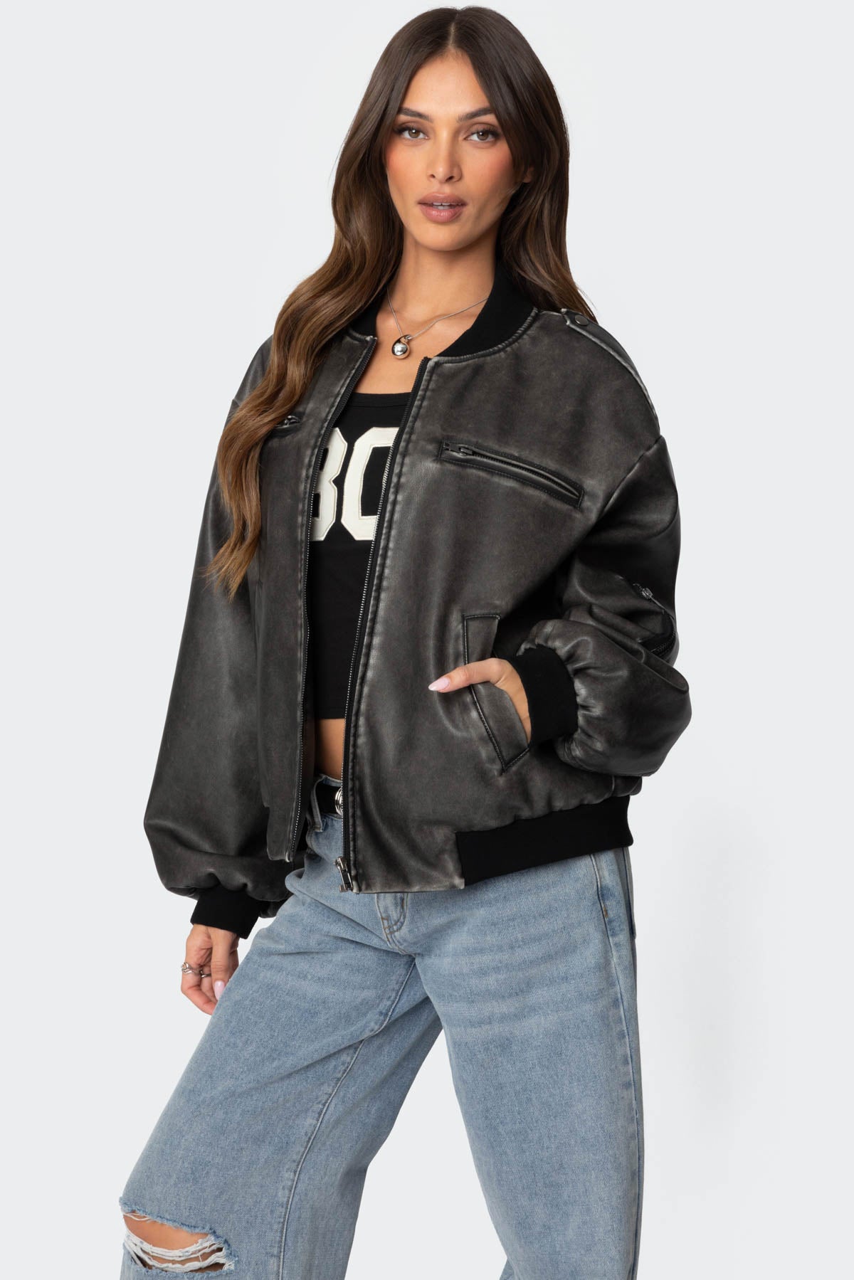 Vava Washed Faux Leather Bomber Jacket-Milans Time