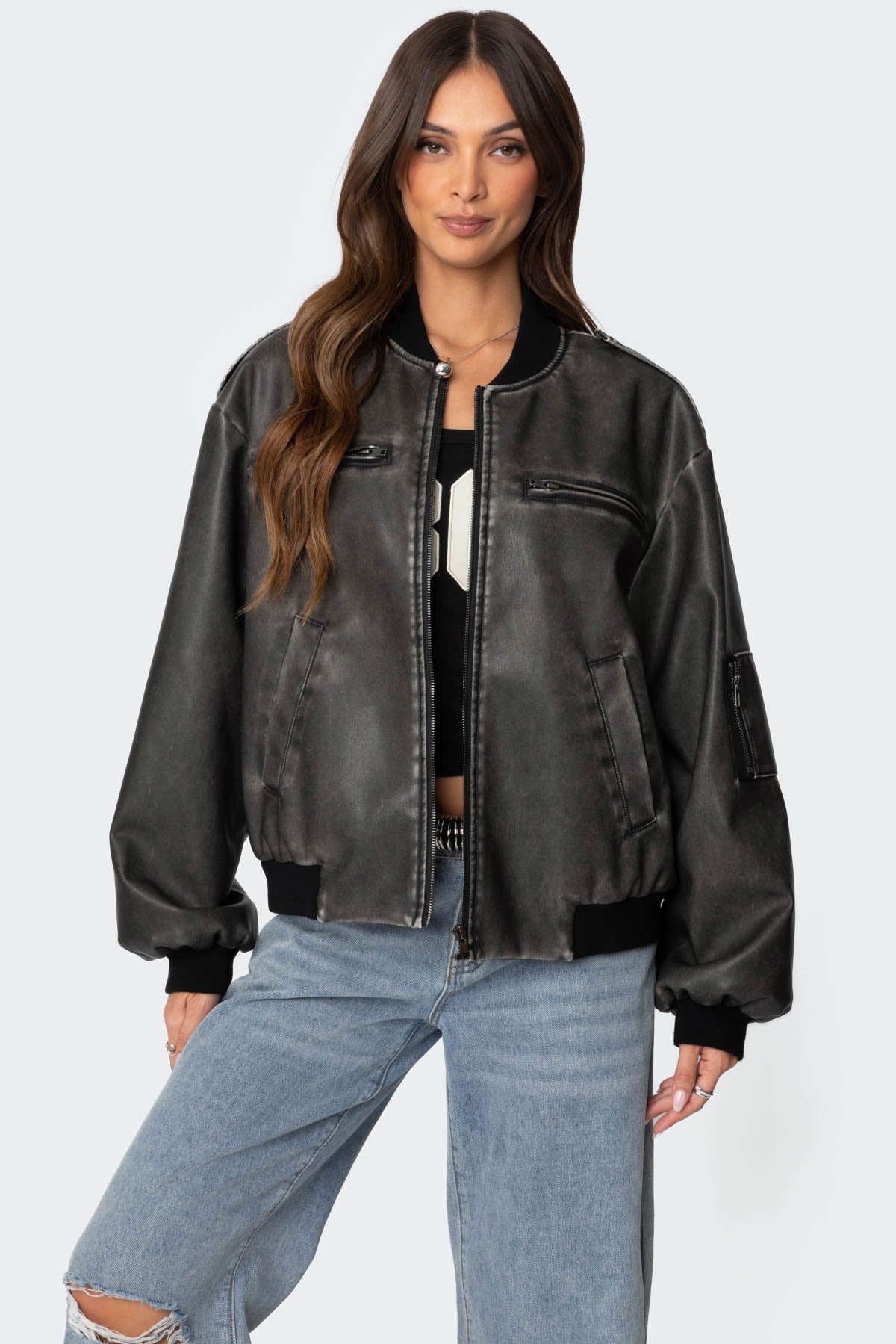 Vava Washed Faux Leather Bomber Jacket-Milans Time
