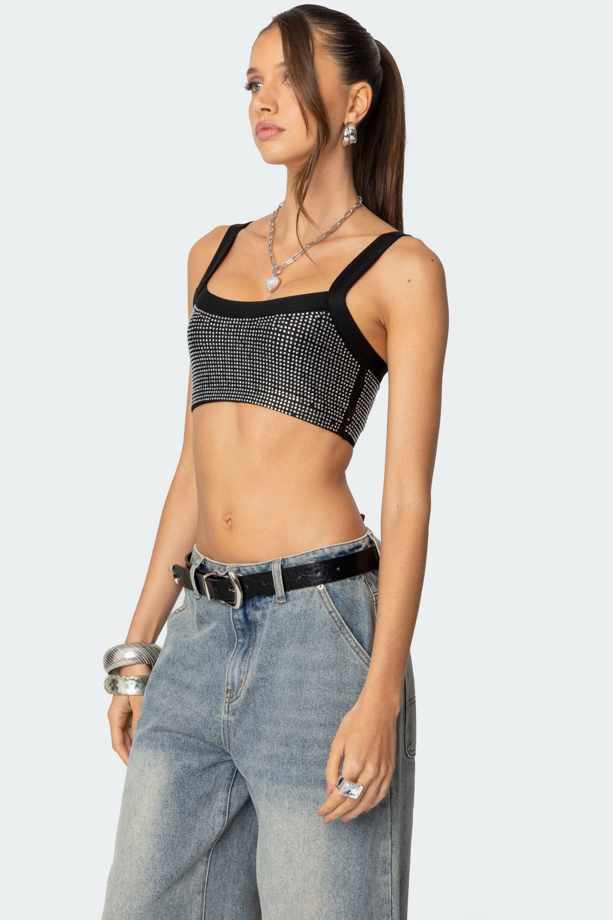 Rhinestone Ribbed Crop Top-Milans Time
