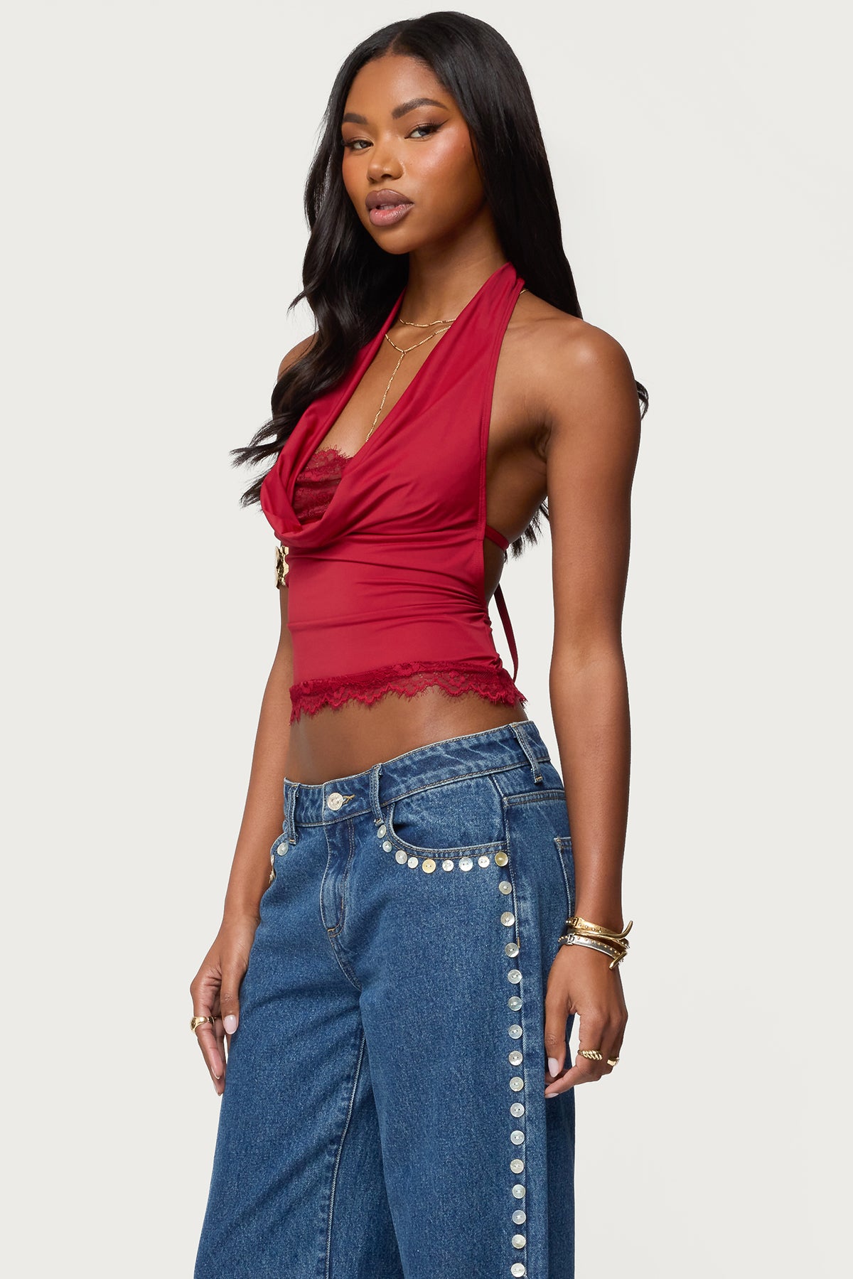 Layered Lacey Cowl Neck Halter Top-Milans Time