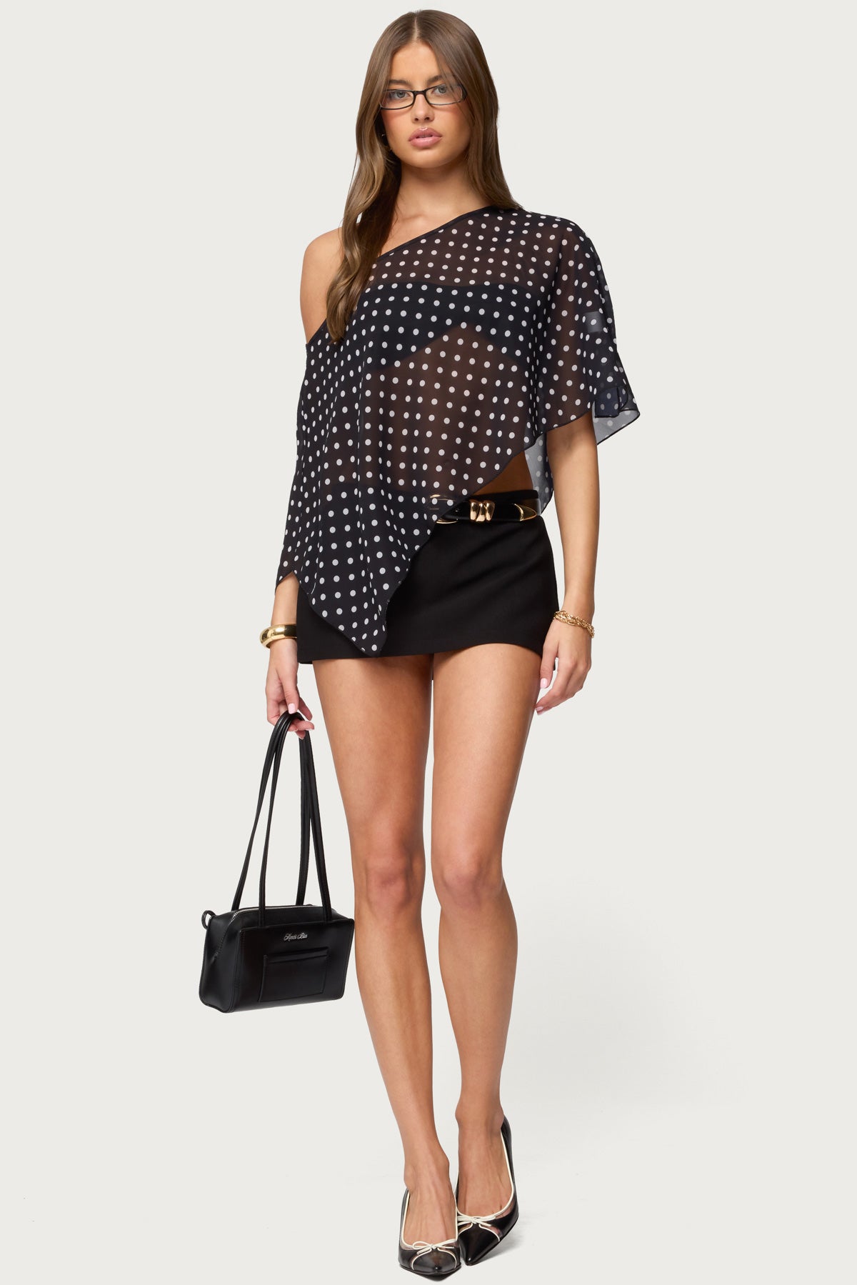 Sheer Chiffon Asymmetric Polka Dot Poncho-Milans Time