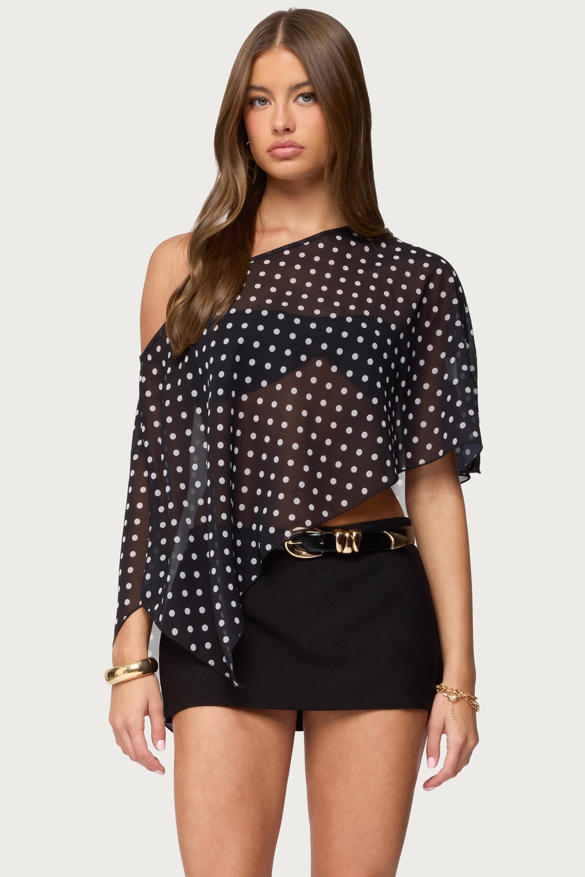 Sheer Chiffon Asymmetric Polka Dot Poncho-Milans Time