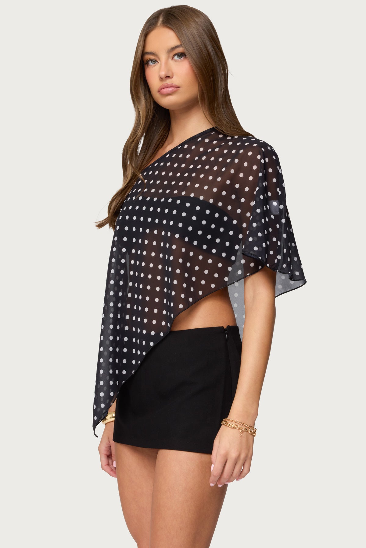 Sheer Chiffon Asymmetric Polka Dot Poncho-Milans Time