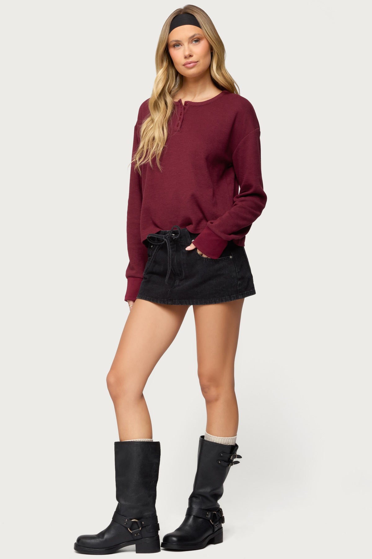 Deni Long Sleeve Henley Waffle Top-Milans Time