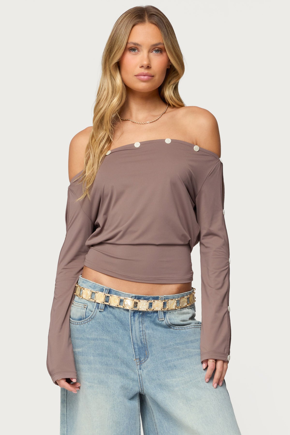 Ronee Off Shoulder Button Cutout Top-Milans Time