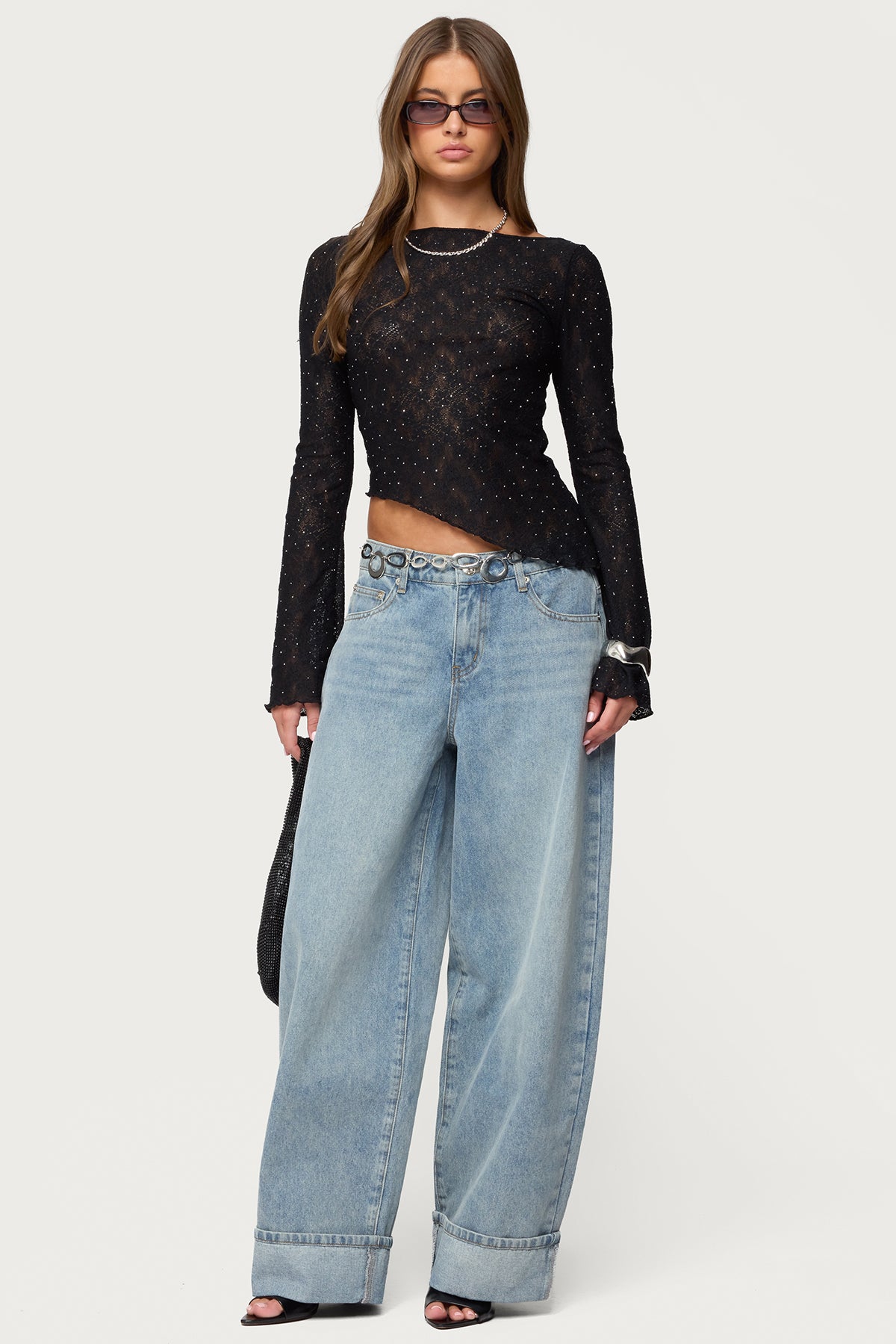 Mare Asymmetric Gem Sheer Lace Top-Milans Time