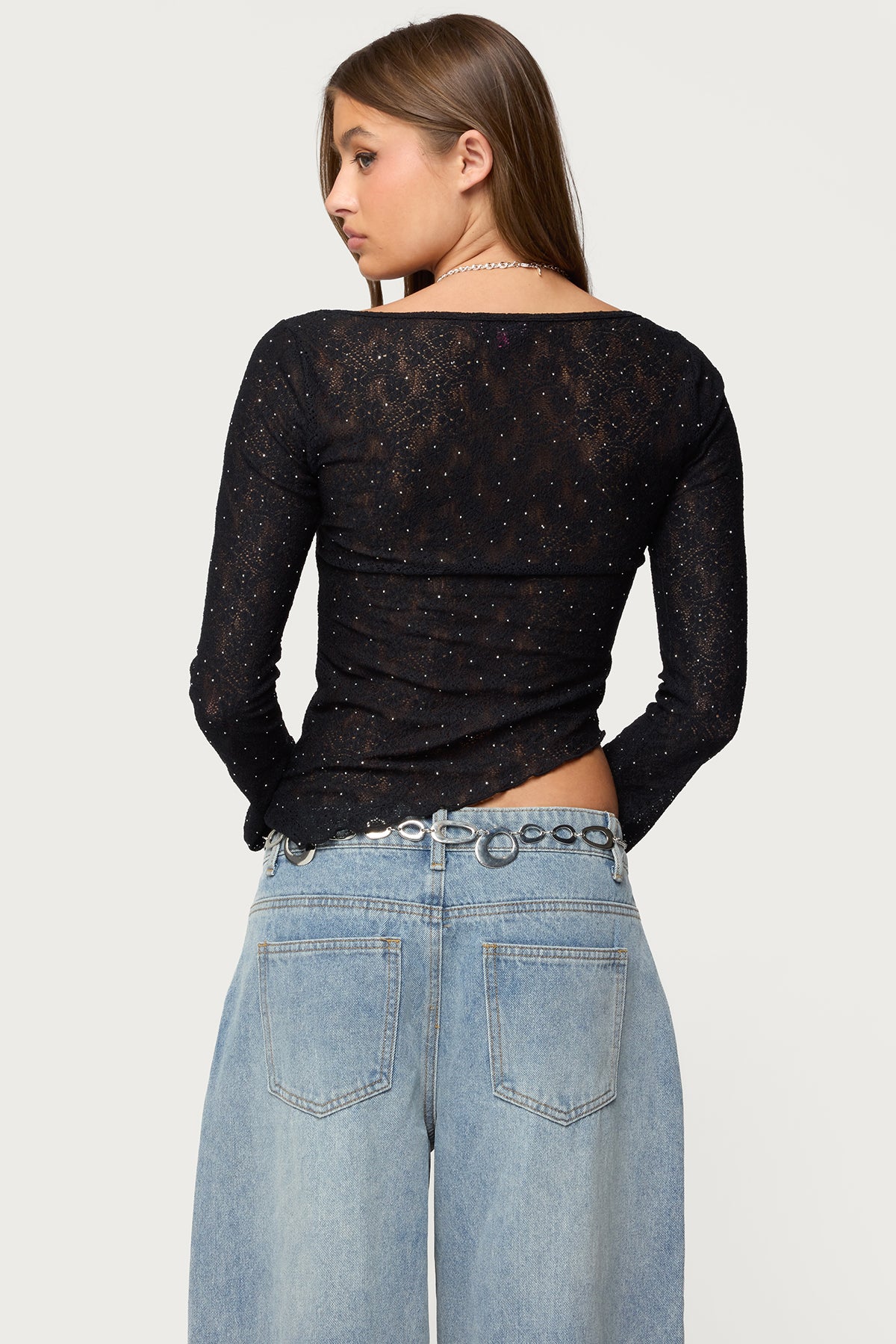 Mare Asymmetric Gem Sheer Lace Top-Milans Time