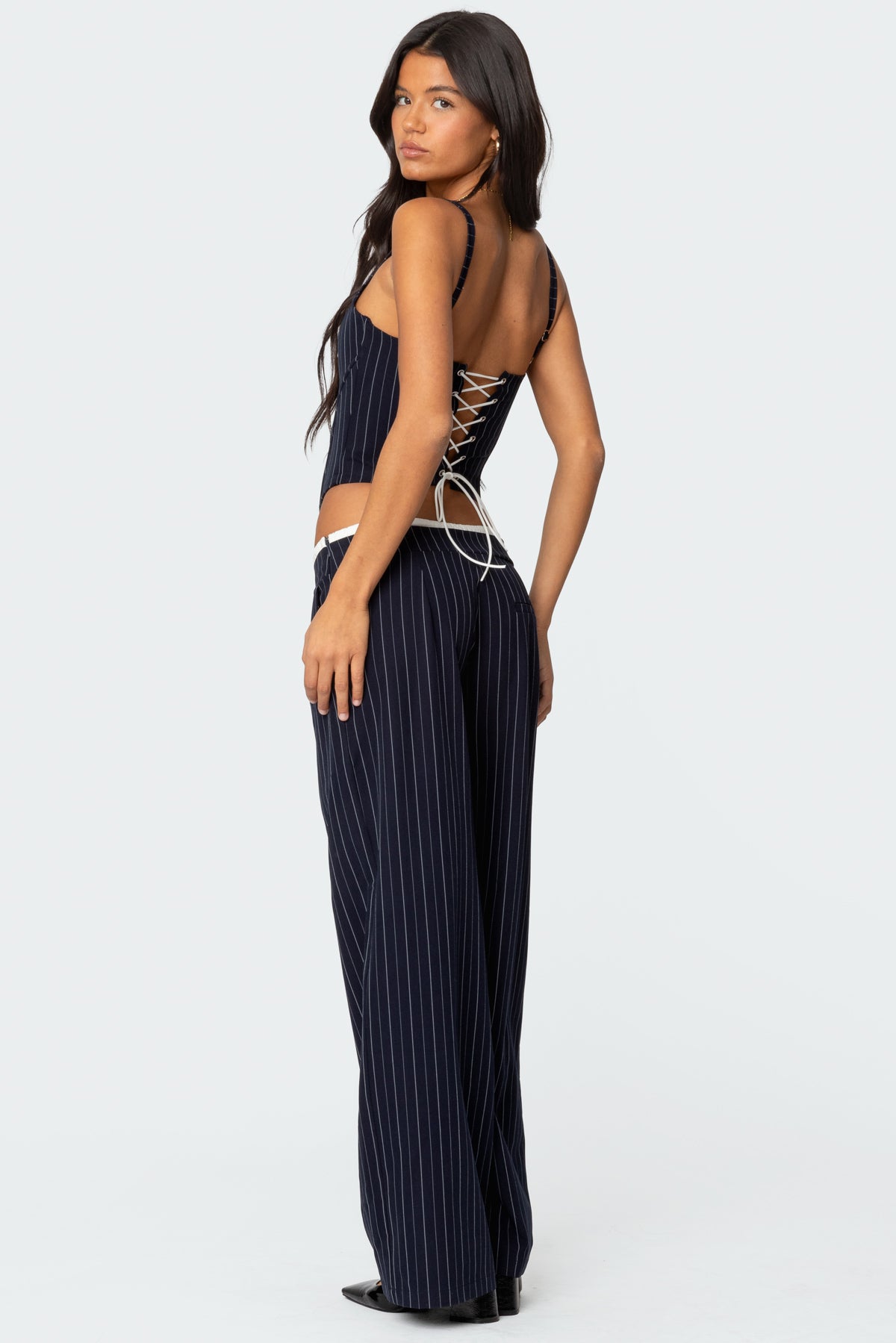 Pinstripe Peekaboo Drawstring Corset-Milans Time