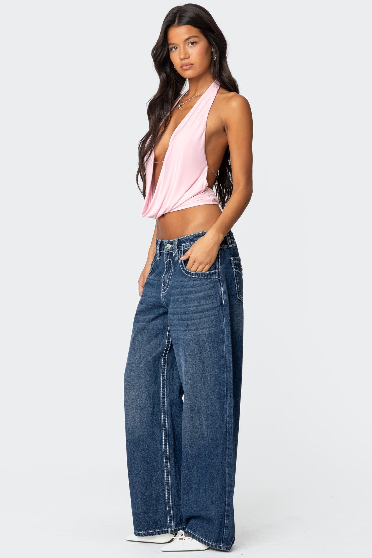 Contrast Stitch Low Rise Baggy Jeans-Milans Time