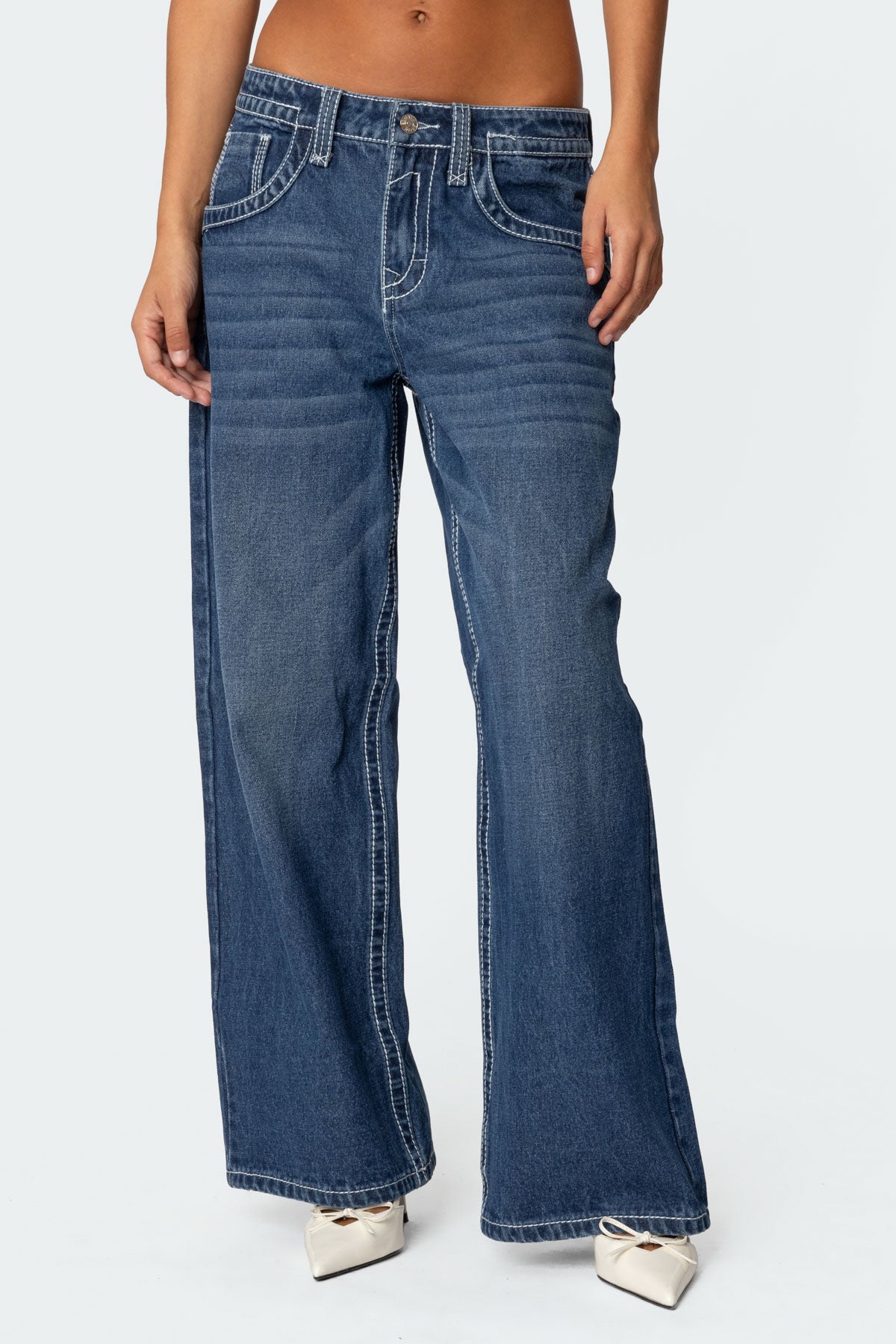 Contrast Stitch Low Rise Baggy Jeans-Milans Time