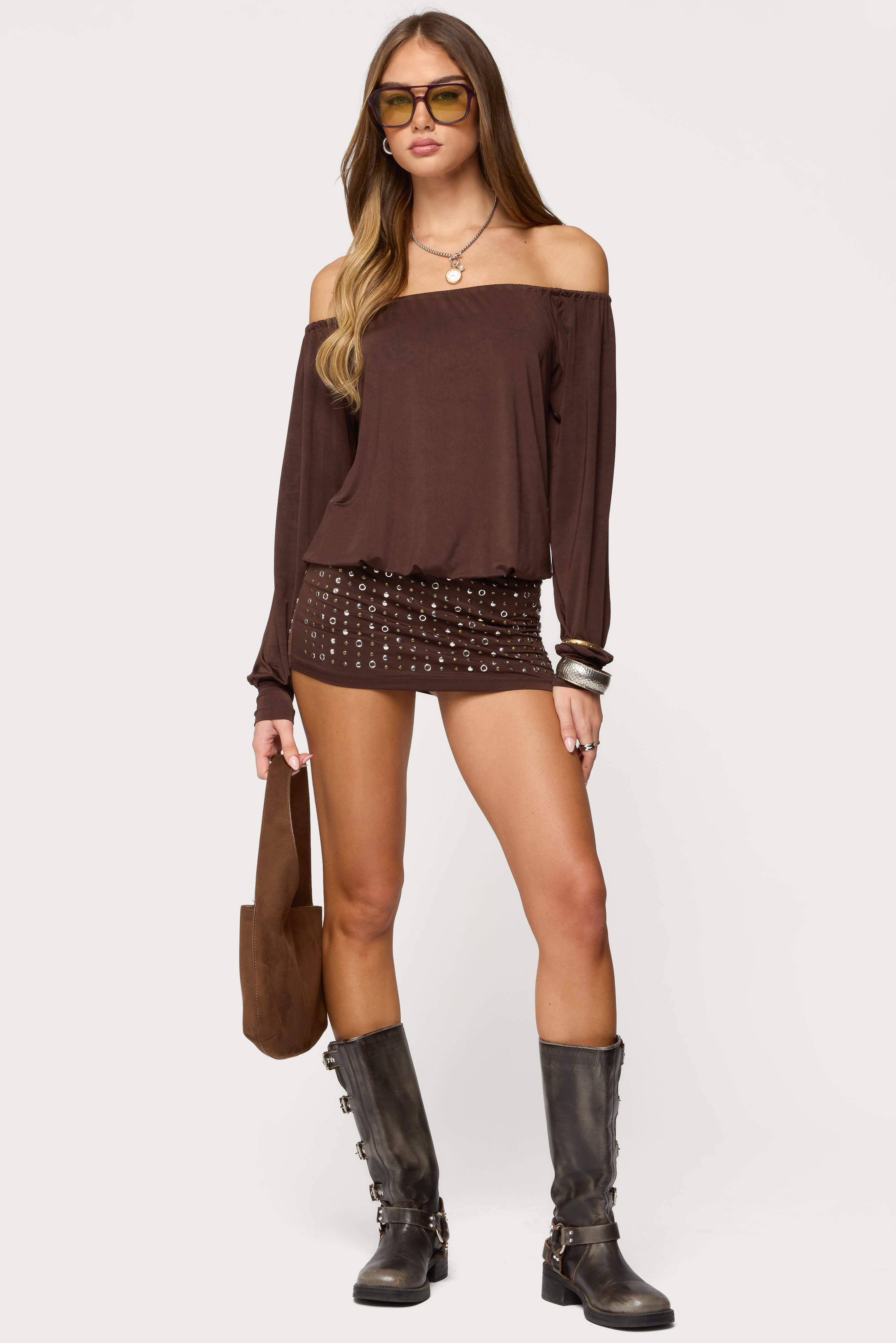 Studded Off Shoulder Backless Romper-Milans Time