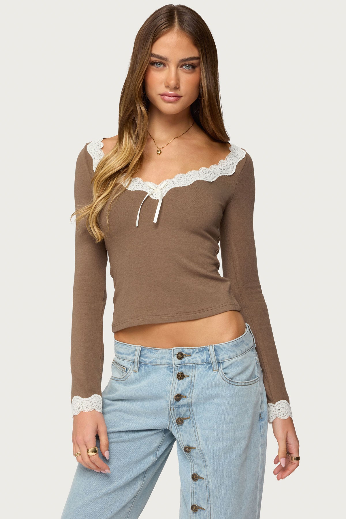 Contrast Lacey Long Sleeve Top-Milans Time