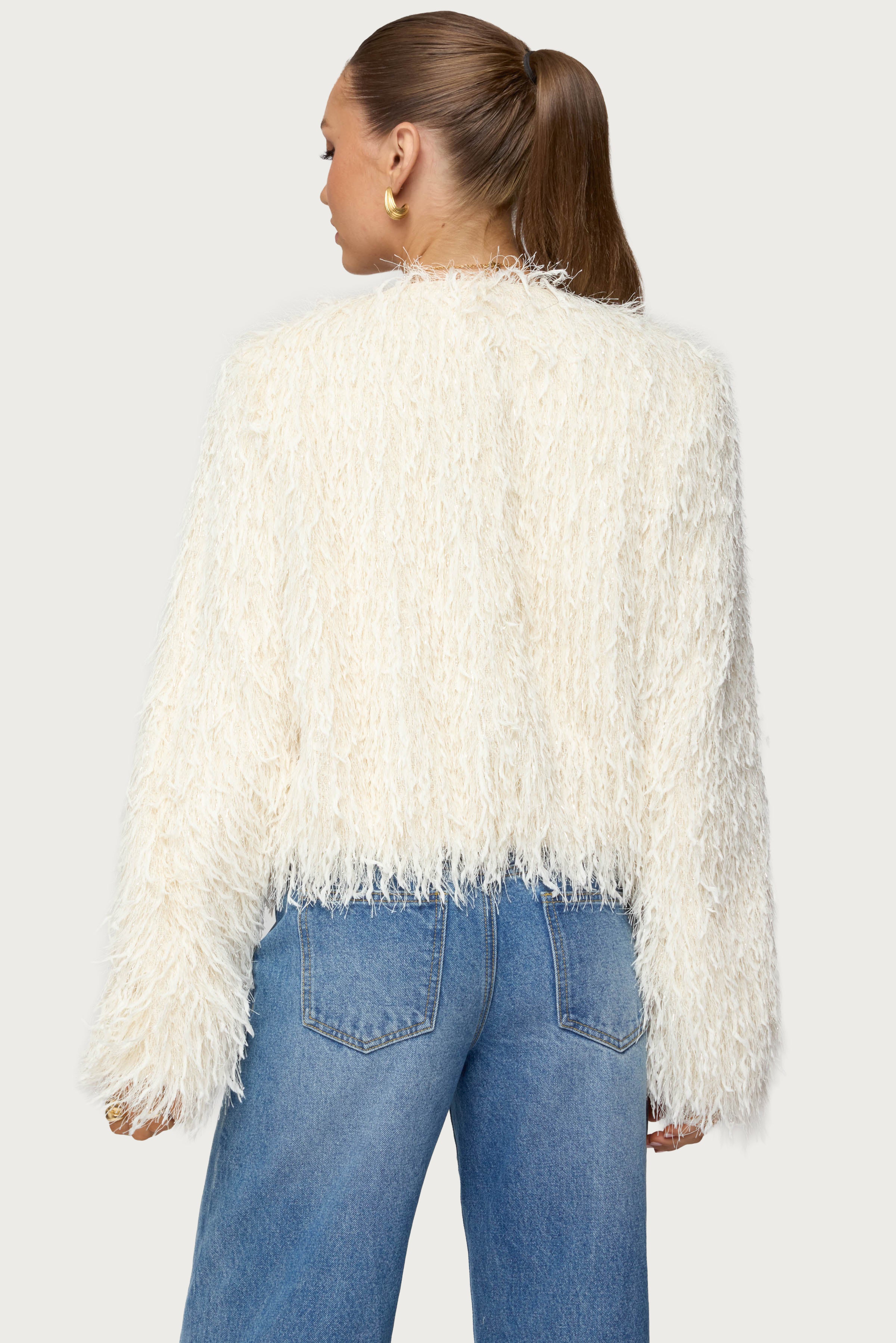 Aleandra Fringed Faux Feather Jacket-Milans Time
