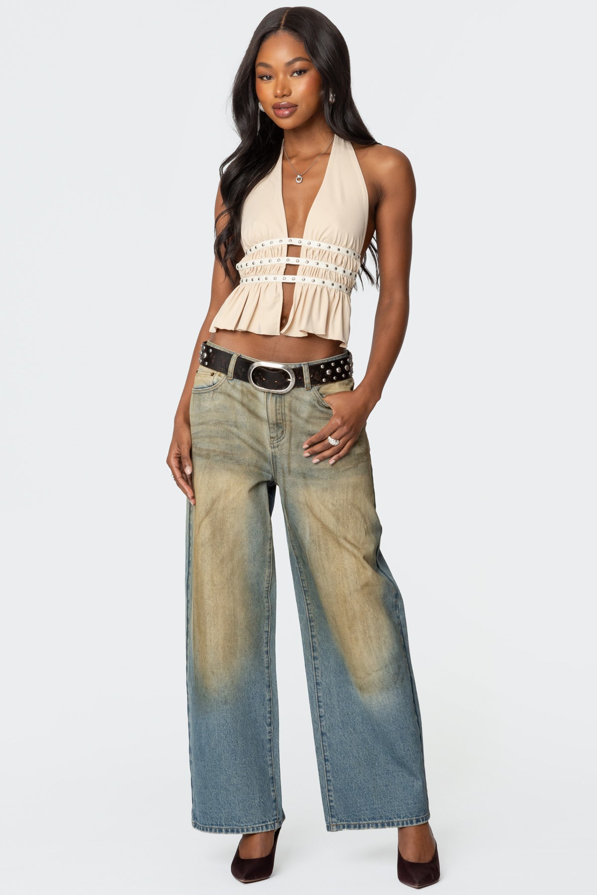 Studded Split Front Backless Halter Top-Milans Time