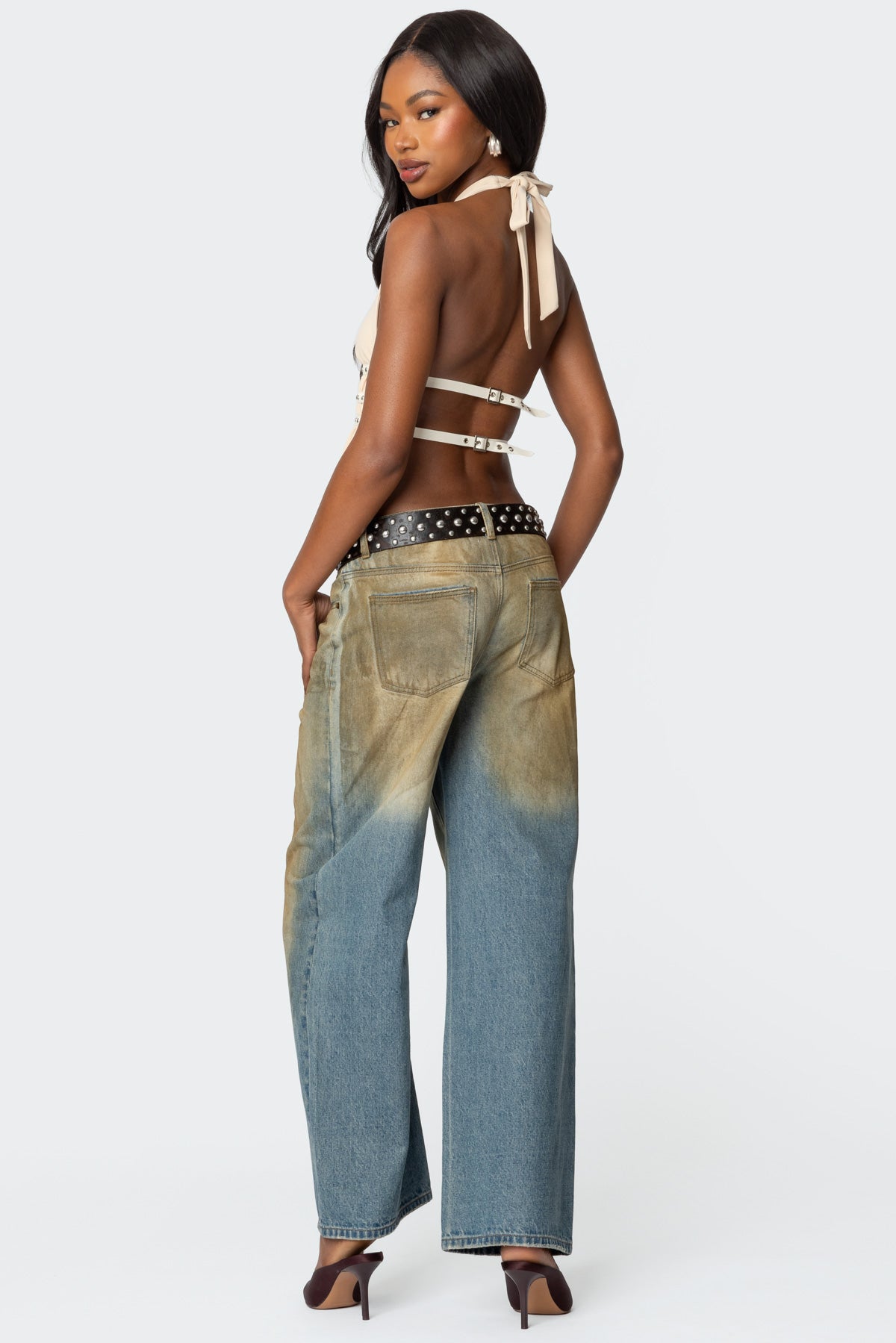 Studded Split Front Backless Halter Top-Milans Time