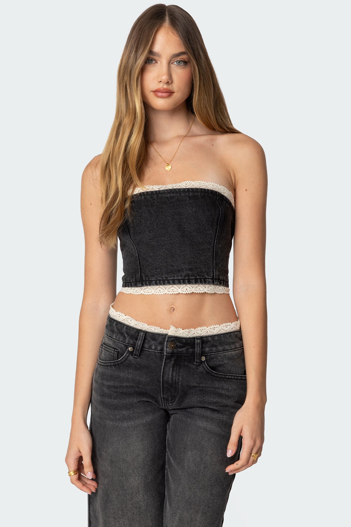 Karlie Lace Trim Denim Tube Top-Milans Time