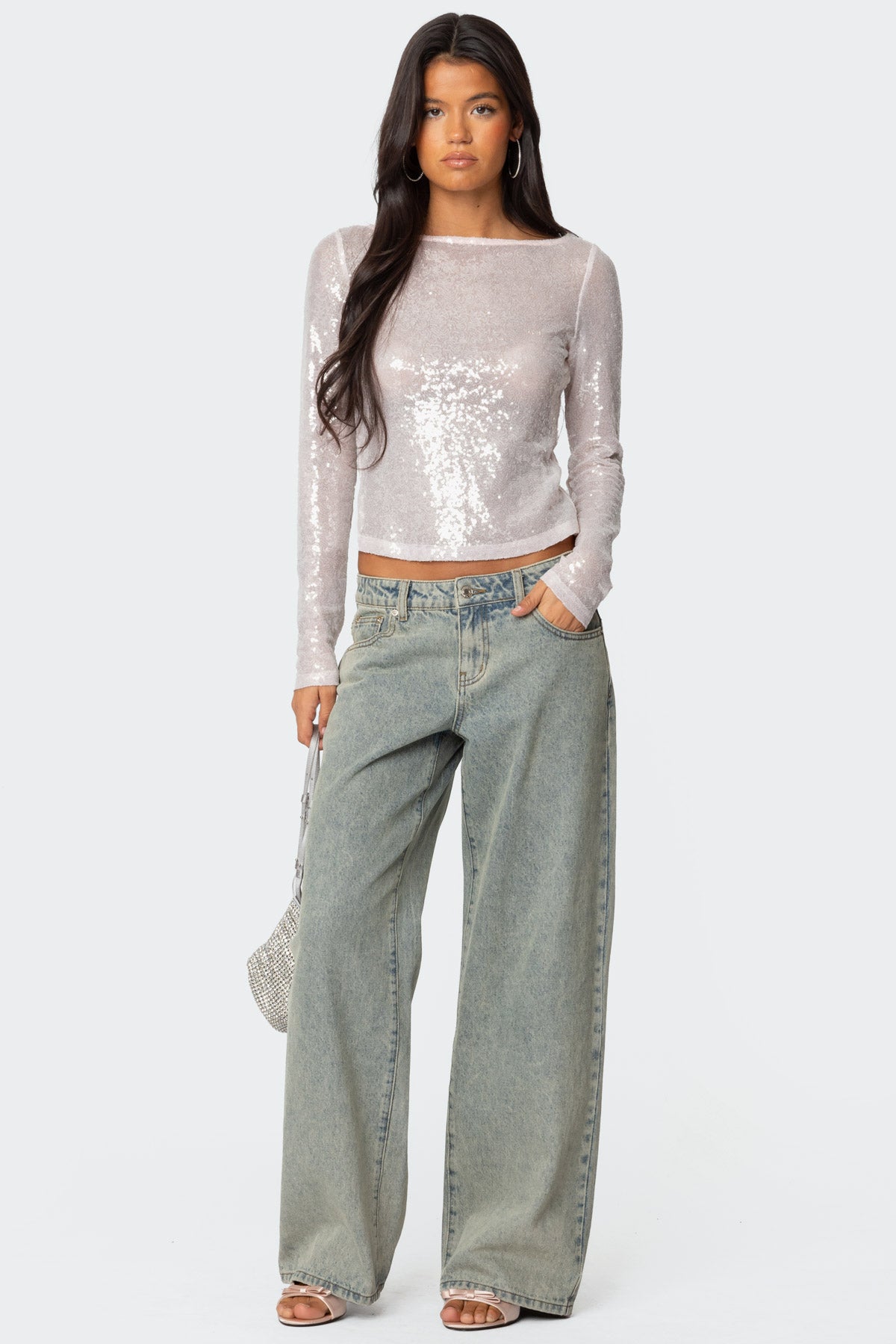 Sheer Sequin Boat Neck Top-Milans Time