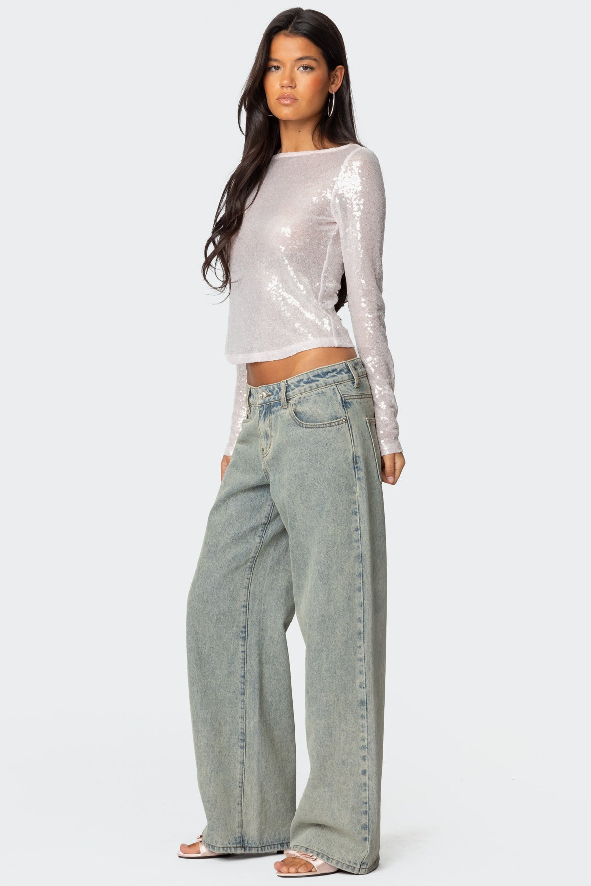 Sheer Sequin Boat Neck Top-Milans Time