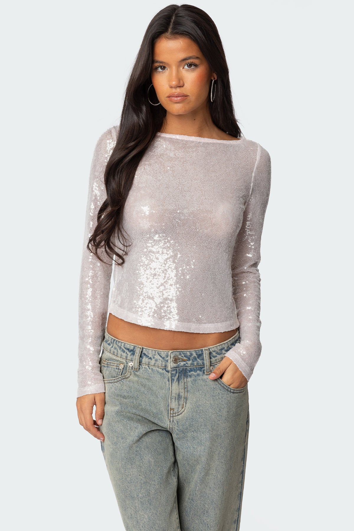 Sheer Sequin Boat Neck Top-Milans Time