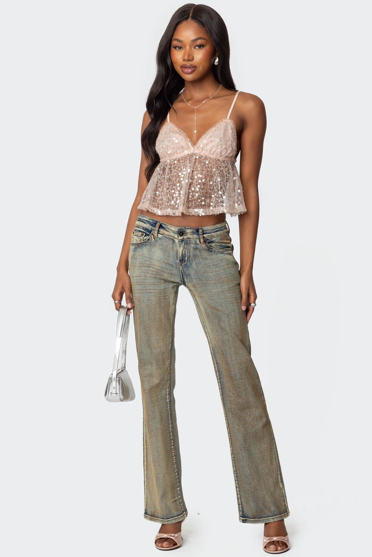 Sheer Sequin Babydoll Tank Top-Milans Time