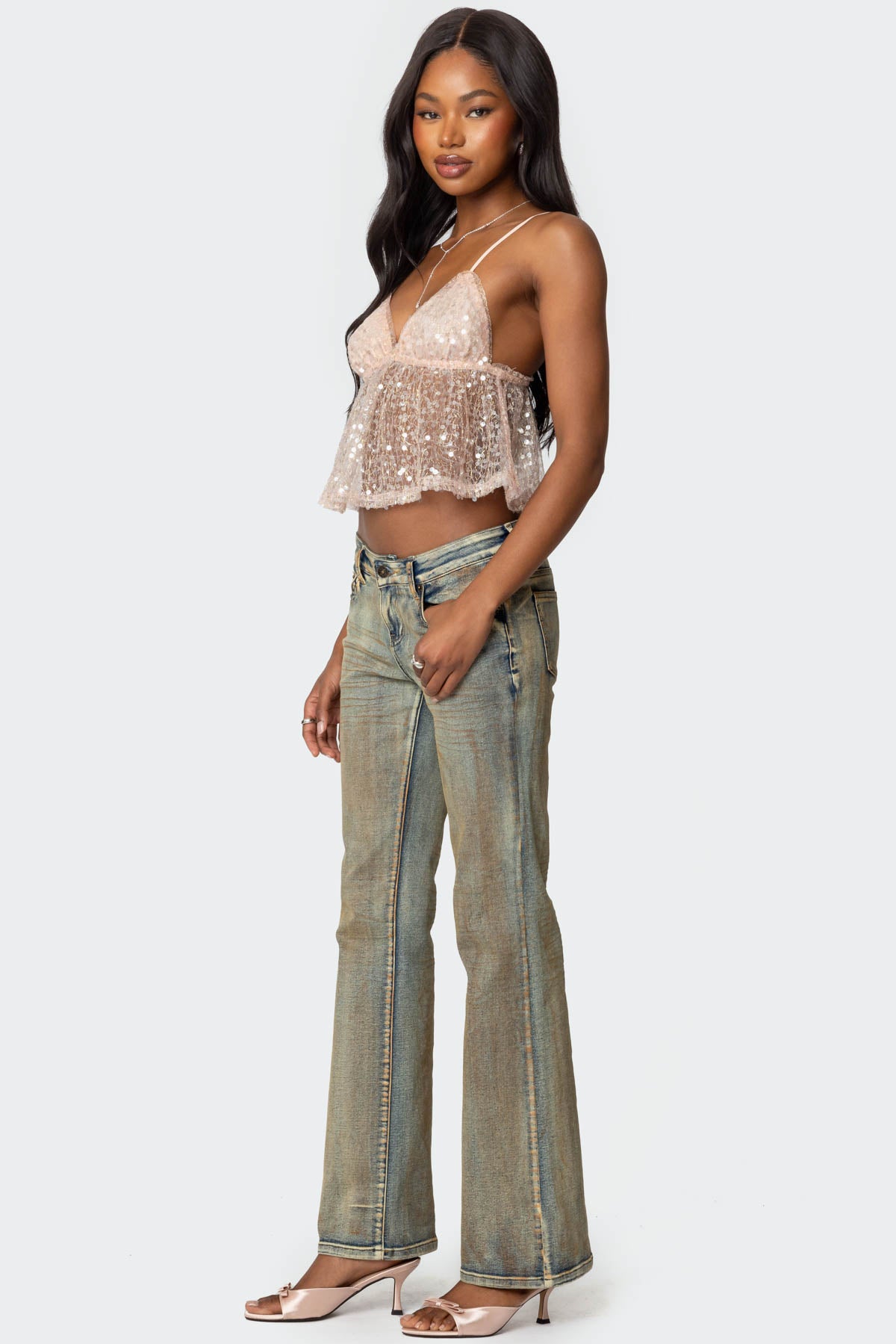 Sheer Sequin Babydoll Tank Top-Milans Time