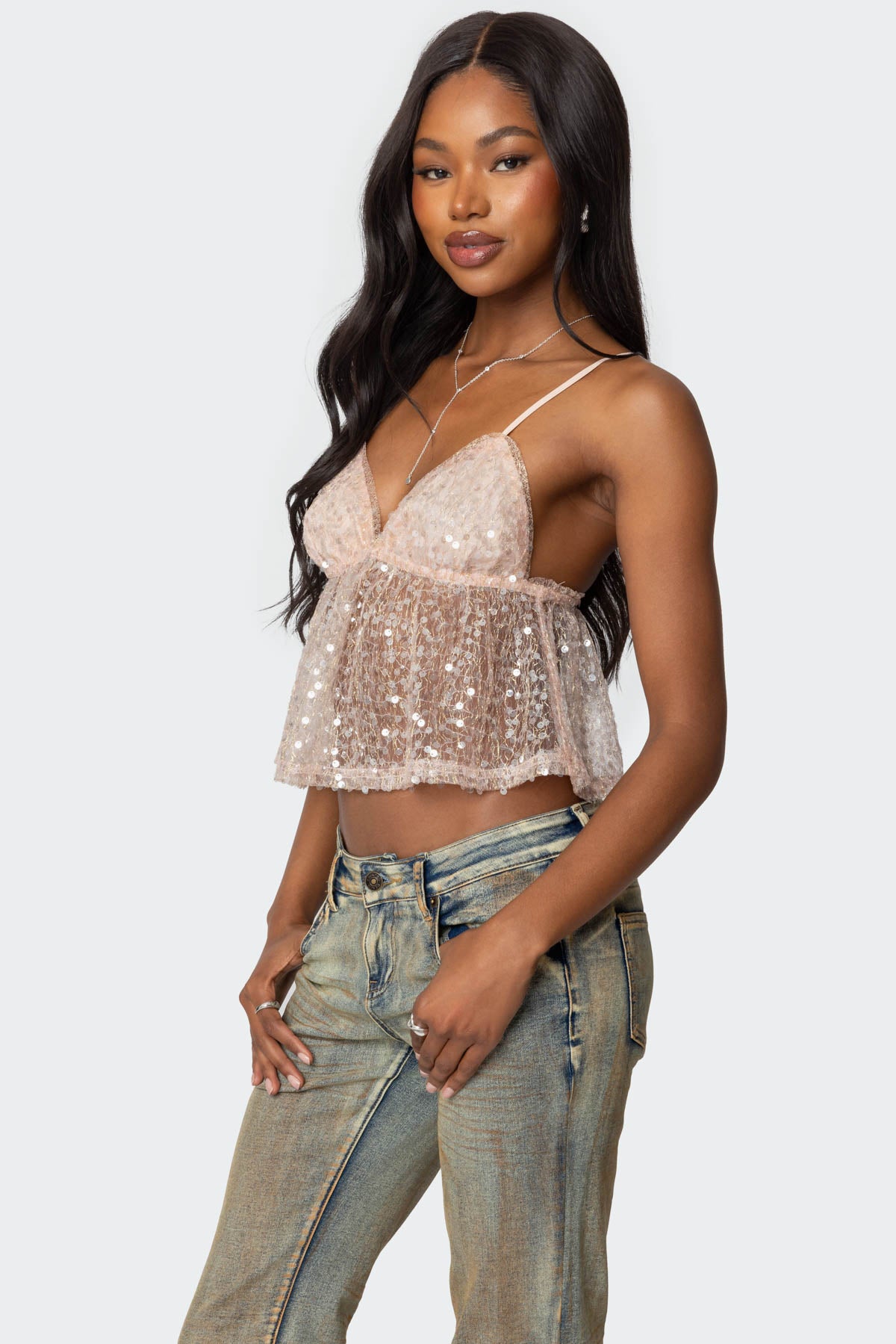 Sheer Sequin Babydoll Tank Top-Milans Time