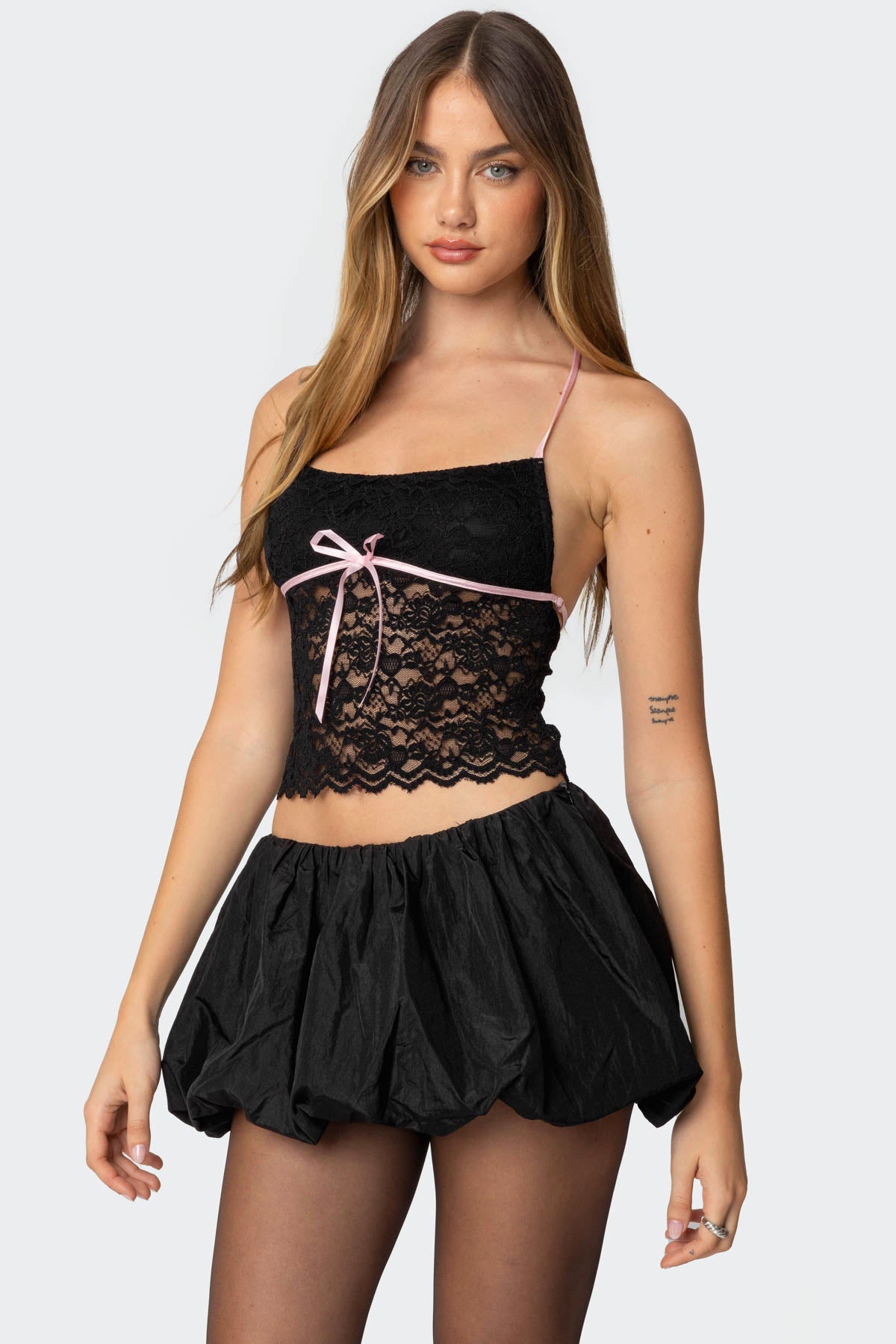 Contrast Ribbon Lace Halter Top-Milans Time